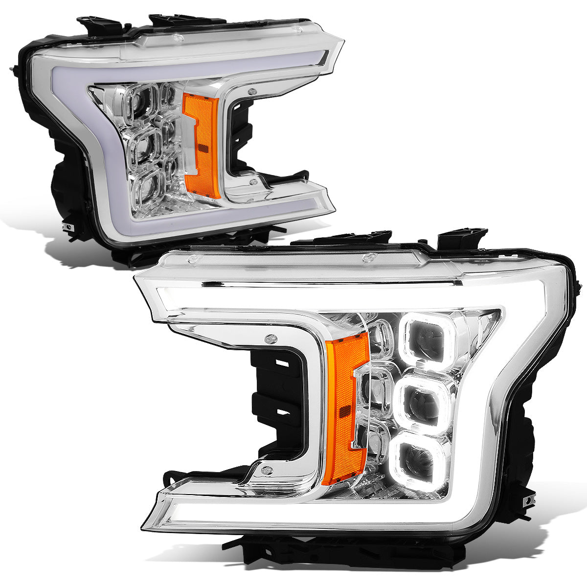 FAROS 18-20 FORD F-150 - FITS MODELS WITH HALOGEN HEADLIGHTS ONLY - SEQUENTIAL LED DRL RING - PROJECTOR HIGH / LOW BEAM - CHROME HOUSING / AMBER CORNER - 194 MARKER - REUSE FACTORY BULB
