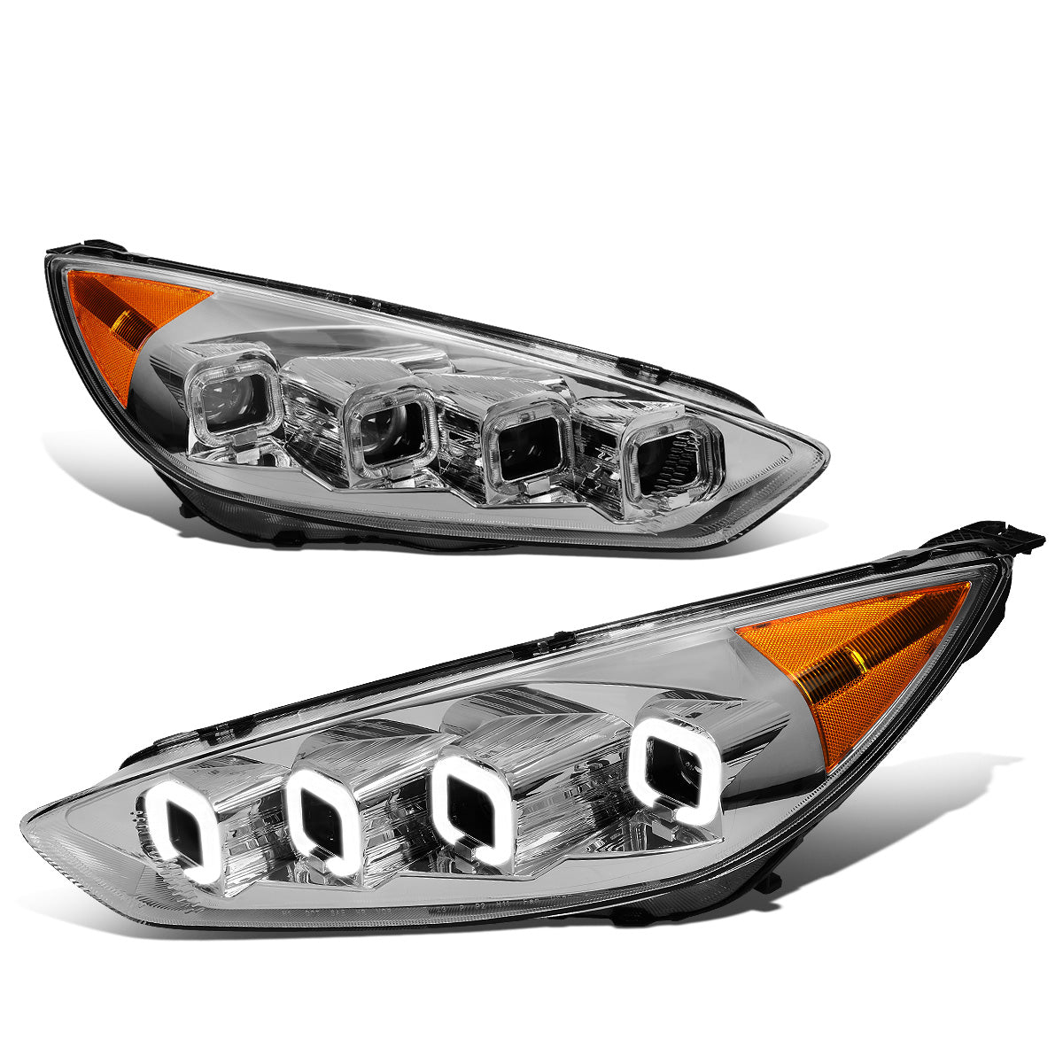 FAROS 15-18 FORD FOCUS - FITS MODELS WITH HALOGEN HEADLIGHTS ONLY - FITS MODELS WITHOUT LED DRL - SEQUENTIAL HALO - PROJECTOR HIGH / LOW BEAM - CHROME HOUSING / AMBER CORNER