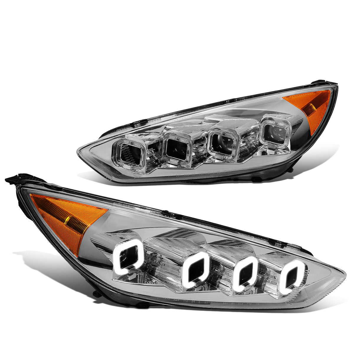 FAROS 15-18 FORD FOCUS - FITS MODELS WITH HALOGEN HEADLIGHTS ONLY - FITS MODELS WITHOUT LED DRL - SEQUENTIAL HALO - PROJECTOR HIGH / LOW BEAM - CHROME HOUSING / AMBER CORNER