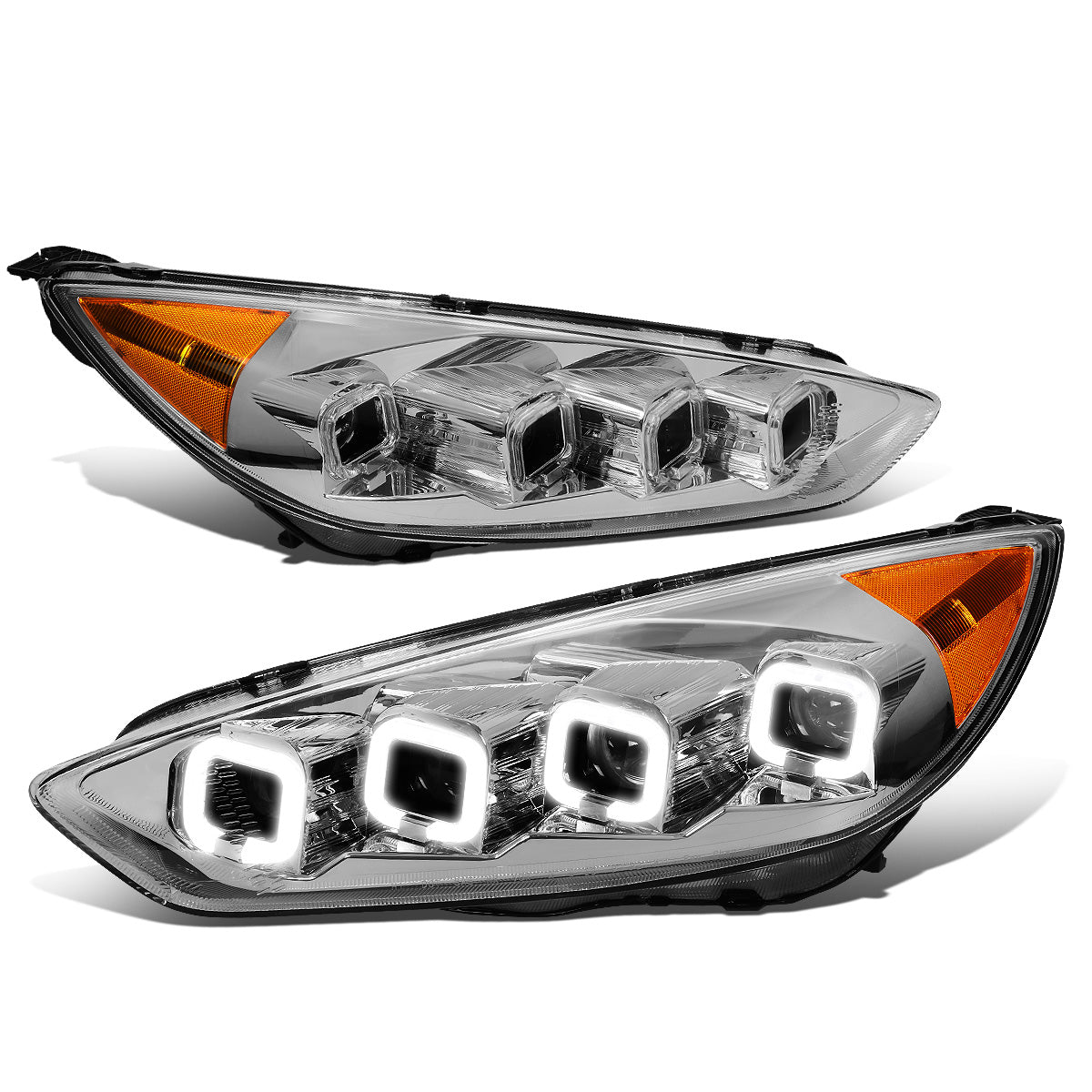 FAROS 15-18 FORD FOCUS - FITS MODELS WITH HALOGEN HEADLIGHTS ONLY - FITS MODELS WITHOUT LED DRL - SEQUENTIAL HALO - PROJECTOR HIGH / LOW BEAM - CHROME HOUSING / AMBER CORNER