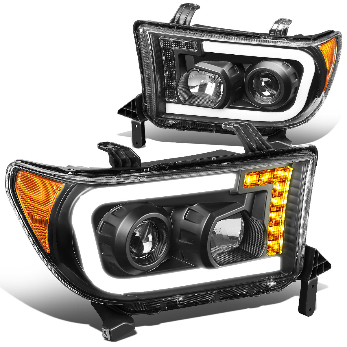 FAROS 08-17 TOYOTA SEQUOIA / 07-13 TOYOTA TUNDRA - FITS MODELS WITHOUT LEVEL ADJUSTER - DRL LIGHT BAR WILL REQUIRE WIRING TO EXISTING HARNESS - LED DRL - PROJECTOR - BLACK HOUSING / AMBER CORNER - H1 LOW BEAM / H1 HIGH BEAM