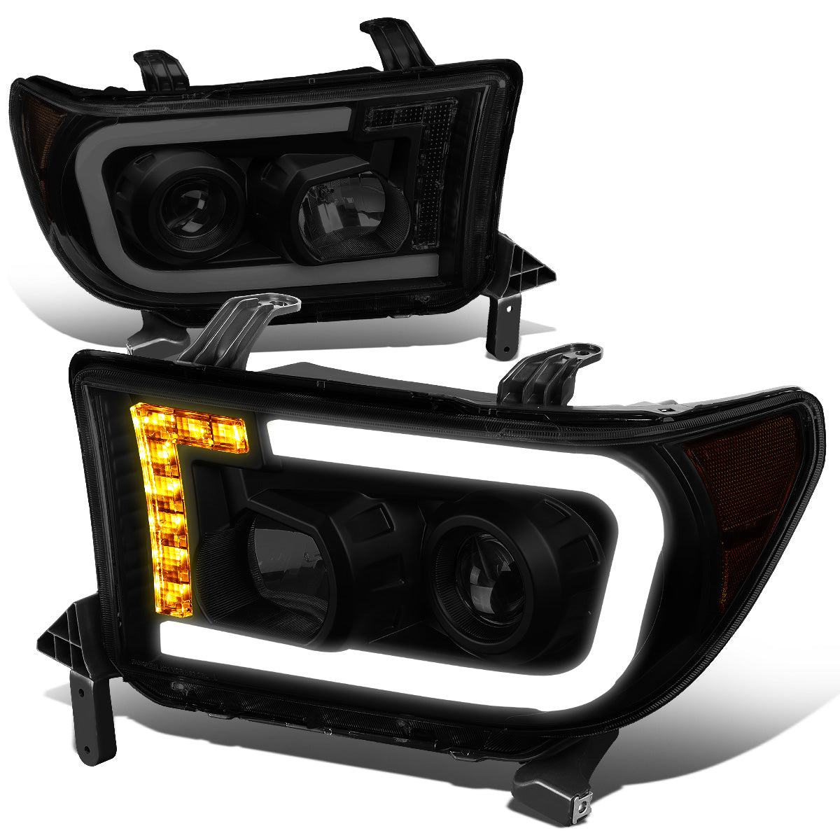 FAROS 08-17 TOYOTA SEQUOIA / 07-13 TOYOTA TUNDRA - FITS MODELS WITHOUT LEVEL ADJUSTER - DRL LIGHT BAR WILL REQUIRE WIRING TO EXISTING HARNESS - LED DRL - PROJECTOR - BLACK HOUSING / SMOKE LENS / AMBER CORNER - H1 LOW BEAM / H1 HIGH BEAM