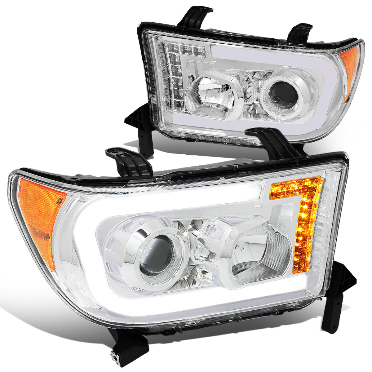 FAROS 08-17 TOYOTA SEQUOIA / 07-13 TOYOTA TUNDRA - FITS MODELS WITHOUT LEVEL ADJUSTER - DRL LIGHT BAR WILL REQUIRE WIRING TO EXISTING HARNESS - LED DRL - PROJECTOR - CHROME HOUSING / AMBER CORNER - H1 LOW BEAM / H1 HIGH BEAM