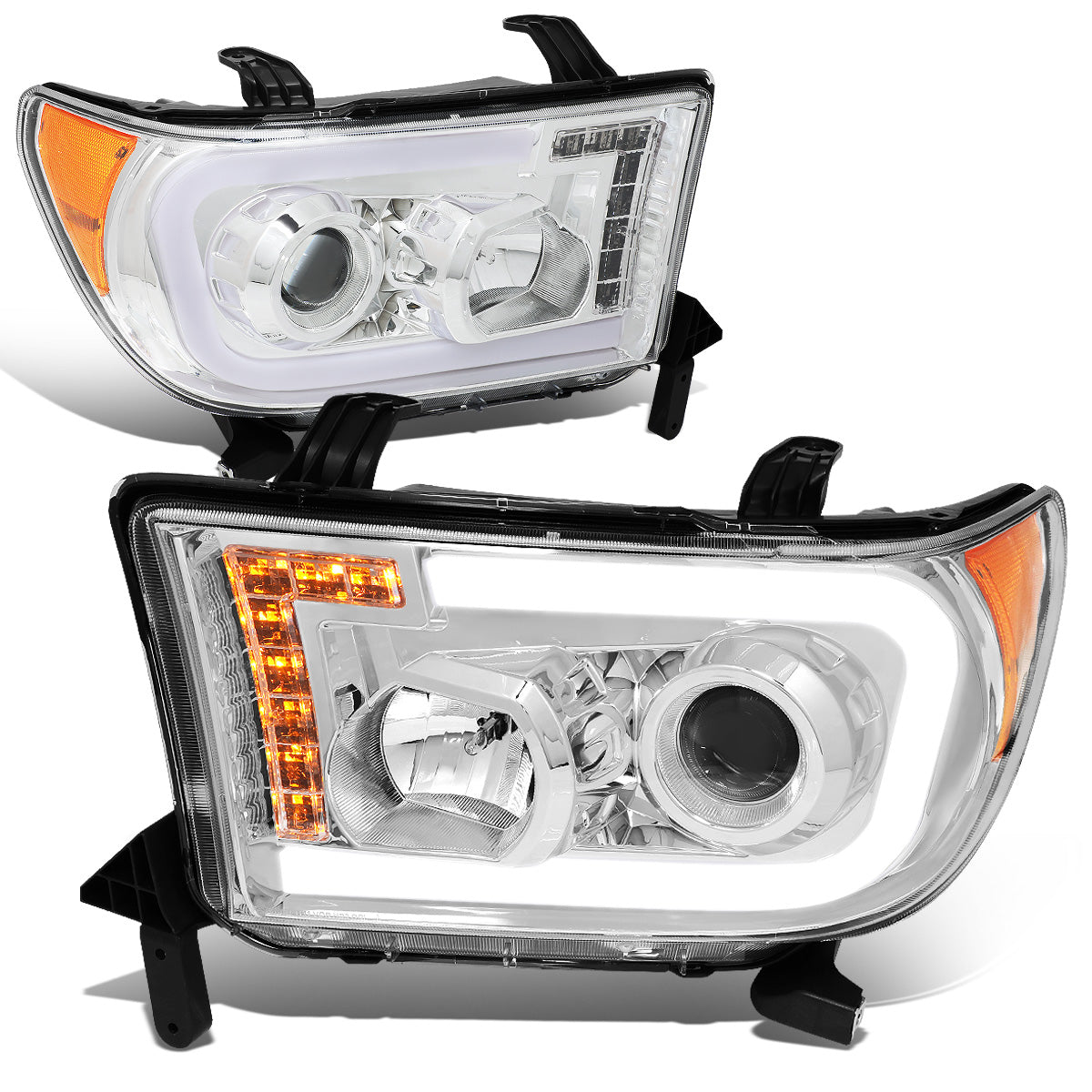 FAROS 08-17 TOYOTA SEQUOIA / 07-13 TOYOTA TUNDRA - FITS MODELS WITHOUT LEVEL ADJUSTER - DRL LIGHT BAR WILL REQUIRE WIRING TO EXISTING HARNESS - LED DRL - PROJECTOR - CHROME HOUSING / AMBER CORNER - H1 LOW BEAM / H1 HIGH BEAM