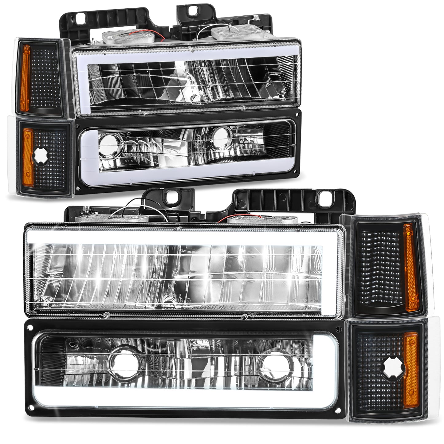FAROS CLEAR LENS,AMBER REFLECTOR,BLACK HOUSING - 8PCS - LED BAR - 94-99 GMC C1500 K1500 YUKON / 94-99 GMC C1500 SUBURBAN C2500 SUBURBAN K1500 SUBURBAN K2500 SUBURBAN / 94-00 GMC C2500 C3500 K2500 K3500 - FITS MODELS WITH COMPOSITE HEADLIGHTS ONLY