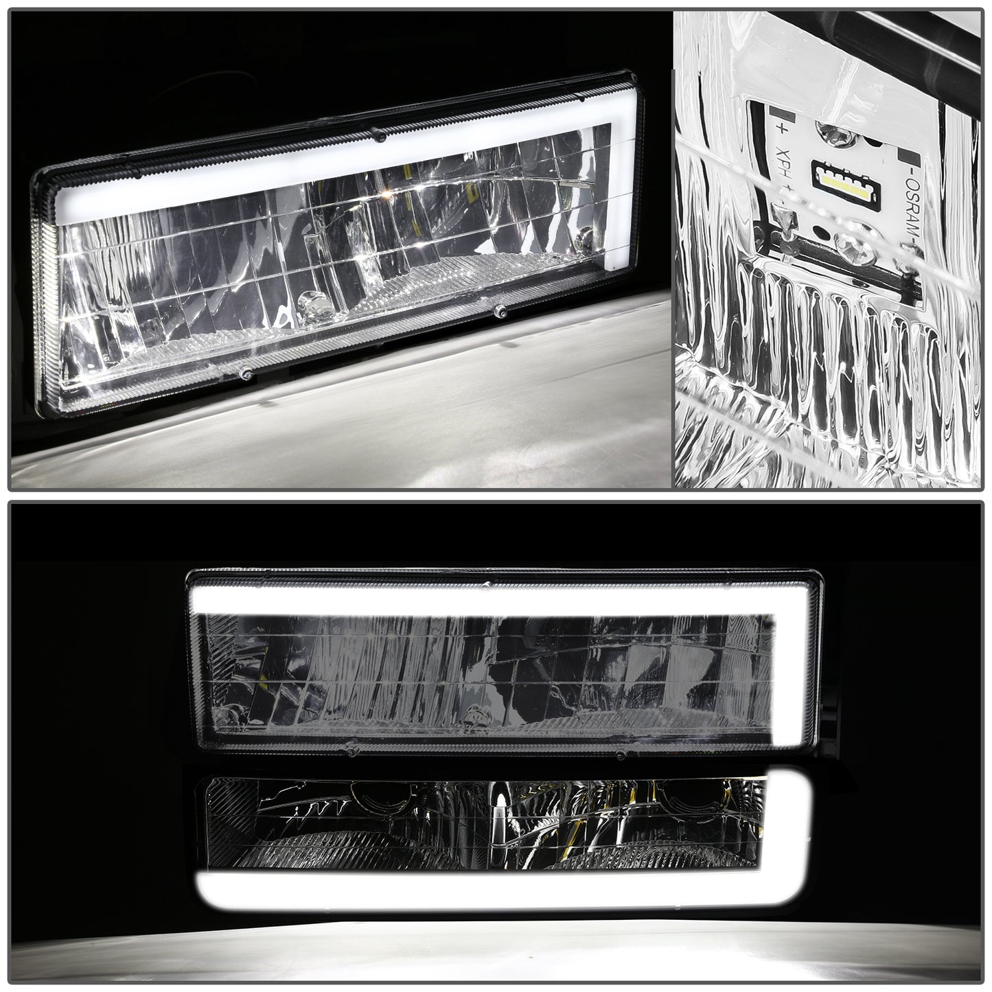 FAROS CLEAR LENS,AMBER REFLECTOR,CHROME HOUSING - 8PCS - LED BAR - 94-99 GMC C1500 K1500 YUKON / 94-99 GMC C1500 SUBURBAN C2500 SUBURBAN K1500 SUBURBAN K2500 SUBURBAN / 94-00 GMC C2500 C3500 K2500 K3500 - FITS MODELS WITH COMPOSITE HEADLIGHTS ONLY