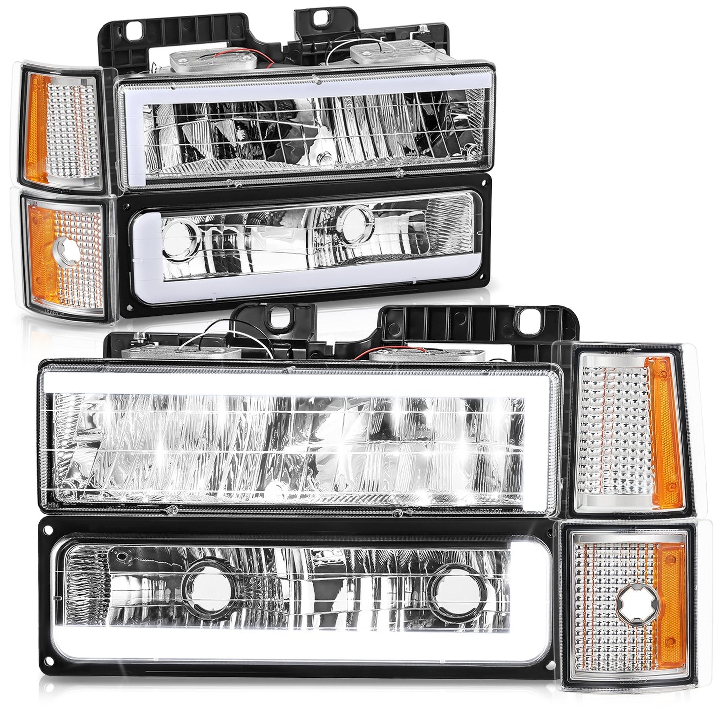 FAROS CLEAR LENS,AMBER REFLECTOR,CHROME HOUSING - 8PCS - LED BAR - 94-99 GMC C1500 K1500 YUKON / 94-99 GMC C1500 SUBURBAN C2500 SUBURBAN K1500 SUBURBAN K2500 SUBURBAN / 94-00 GMC C2500 C3500 K2500 K3500 - FITS MODELS WITH COMPOSITE HEADLIGHTS ONLY