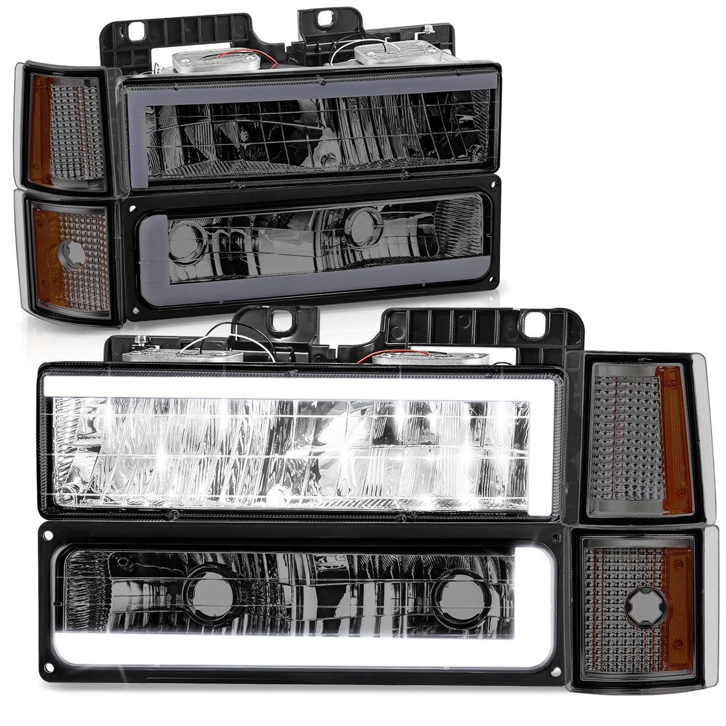 FAROS SMOKE LENS,AMBER REFLECTOR,CHROME HOUSING - 8PCS - LED BAR - 94-99 GMC C1500 K1500 YUKON / 94-99 GMC C1500 SUBURBAN C2500 SUBURBAN K1500 SUBURBAN K2500 SUBURBAN / 94-00 GMC C2500 C3500 K2500 K3500 - FITS MODELS WITH COMPOSITE HEADLIGHTS ONLY