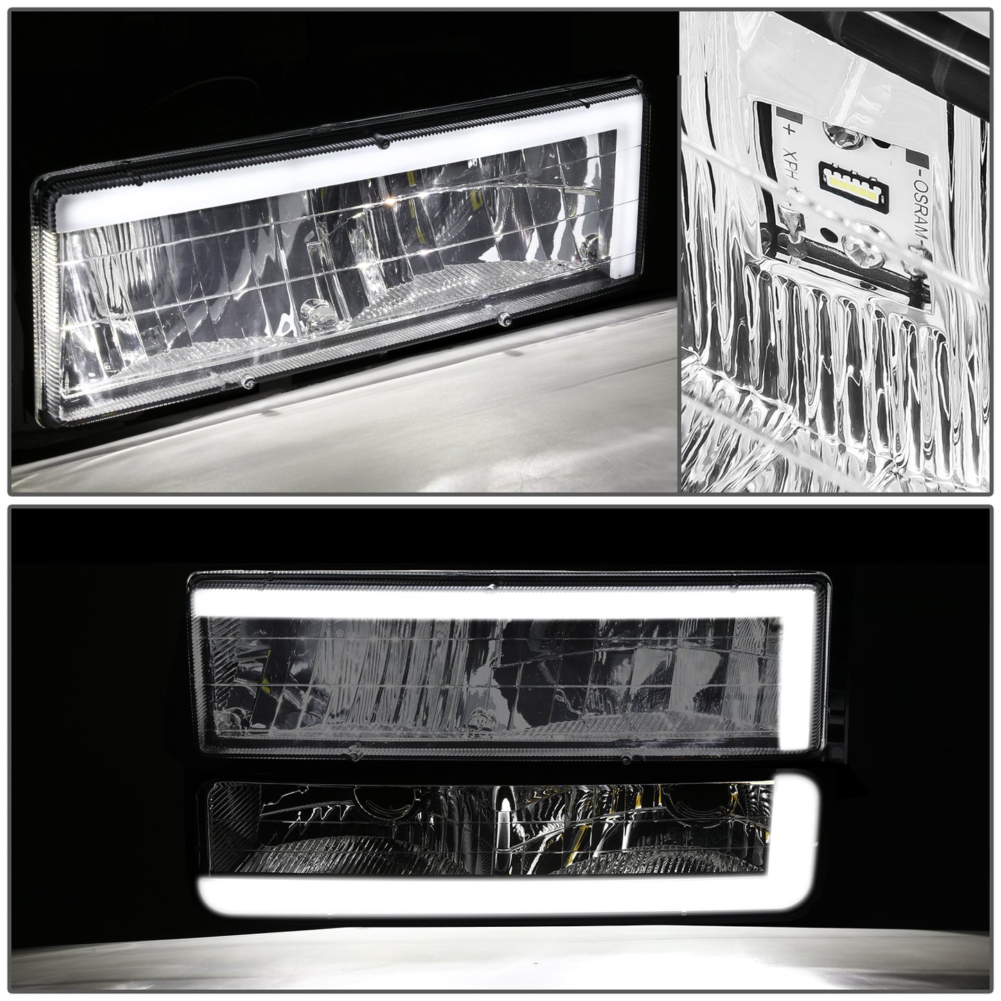 FAROS CLEAR LENS,AMBER REFLECTOR,CHROME HOUSING - 8PCS - LED BAR - 92-93 CHEVROLET BLAZER / 88-93 CHEVROLET C1500 / 92-93 CHEVROLET C1500 SUBURBAN / 88-93 CHEVROLET C2500 / 92-93 CHEVROLET C2500 SUBURBAN / 88-93 CHEVROLET C3500 / 88-93 CHEVROLET K1500 /