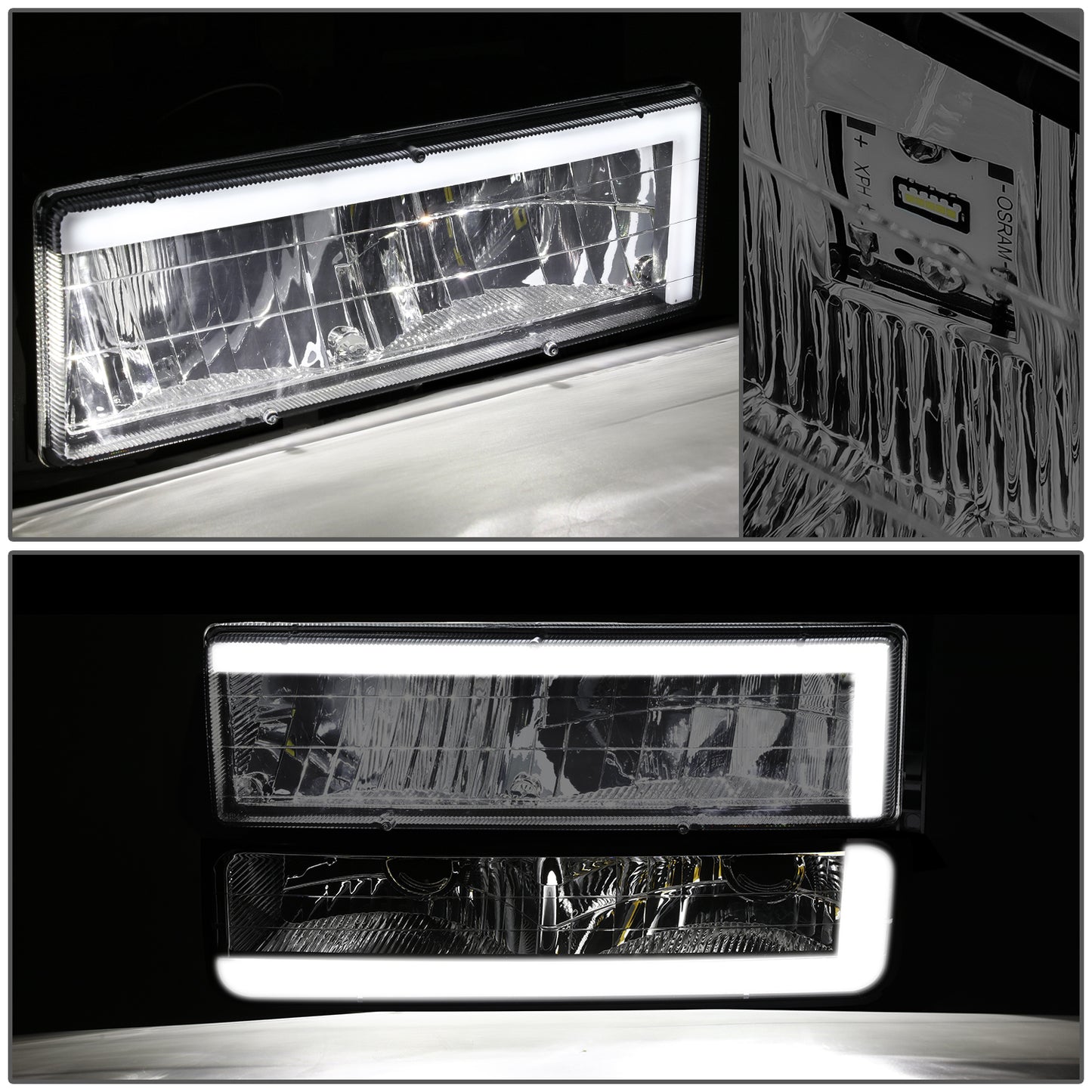 FAROS SMOKE LENS,AMBER REFLECTOR,CHROME HOUSING - 8PCS - LED BAR - 92-93 CHEVROLET BLAZER / 88-93 CHEVROLET C1500 / 92-93 CHEVROLET C1500 SUBURBAN / 88-93 CHEVROLET C2500 / 92-93 CHEVROLET C2500 SUBURBAN / 88-93 CHEVROLET C3500 / 88-93 CHEVROLET K1500 /