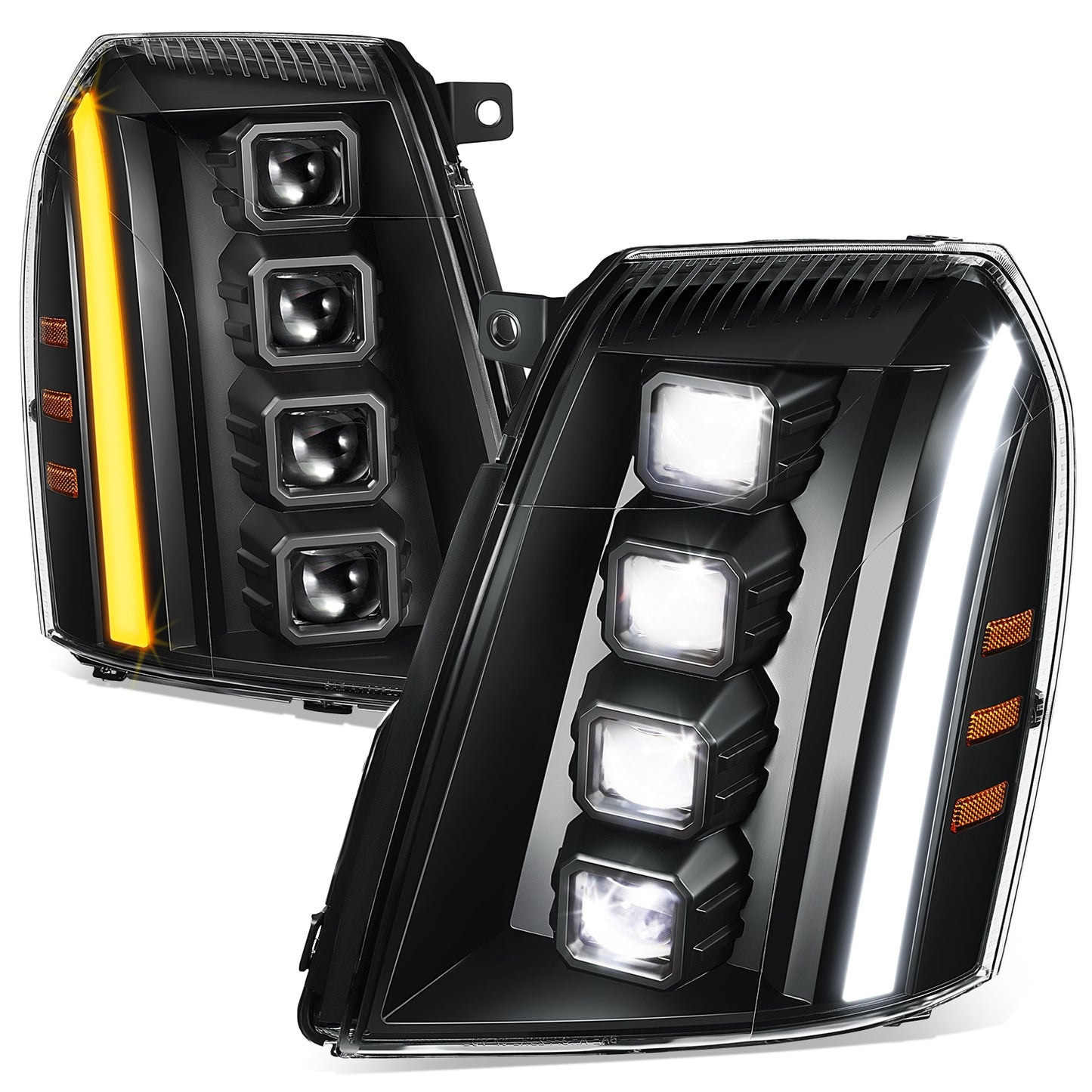 FAROS 07-14 CADILLAC ESCALADE / 07-14 CADILLAC ESCALADE ESV / 07-13 CADILLAC ESCALADE EXT - PROJECTOR HOUSING - QUAD PROJECTOR BEAM FULL LED SWITCHBACK LIGHT BAR - H7 / H1 - BLACK HOUSING / AMBER CORNER