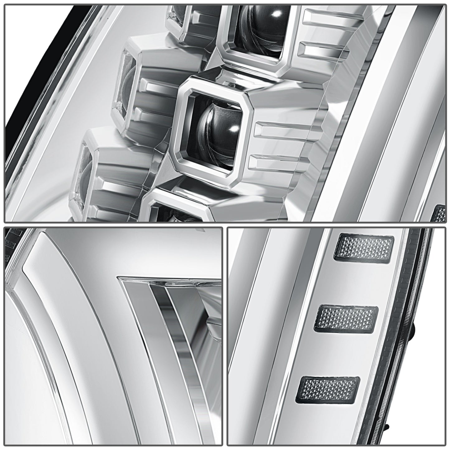 FAROS 07-14 CADILLAC ESCALADE / 07-14 CADILLAC ESCALADE ESV / 07-13 CADILLAC ESCALADE EXT - PROJECTOR HOUSING - QUAD PROJECTOR BEAM FULL LED SWITCHBACK LIGHT BAR - H7 / H1 - CHROME HOUSING / CLEAR CORNER