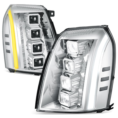 FAROS 07-14 CADILLAC ESCALADE / 07-14 CADILLAC ESCALADE ESV / 07-13 CADILLAC ESCALADE EXT - PROJECTOR HOUSING - QUAD PROJECTOR BEAM FULL LED SWITCHBACK LIGHT BAR - H7 / H1 - CHROME HOUSING / CLEAR CORNER