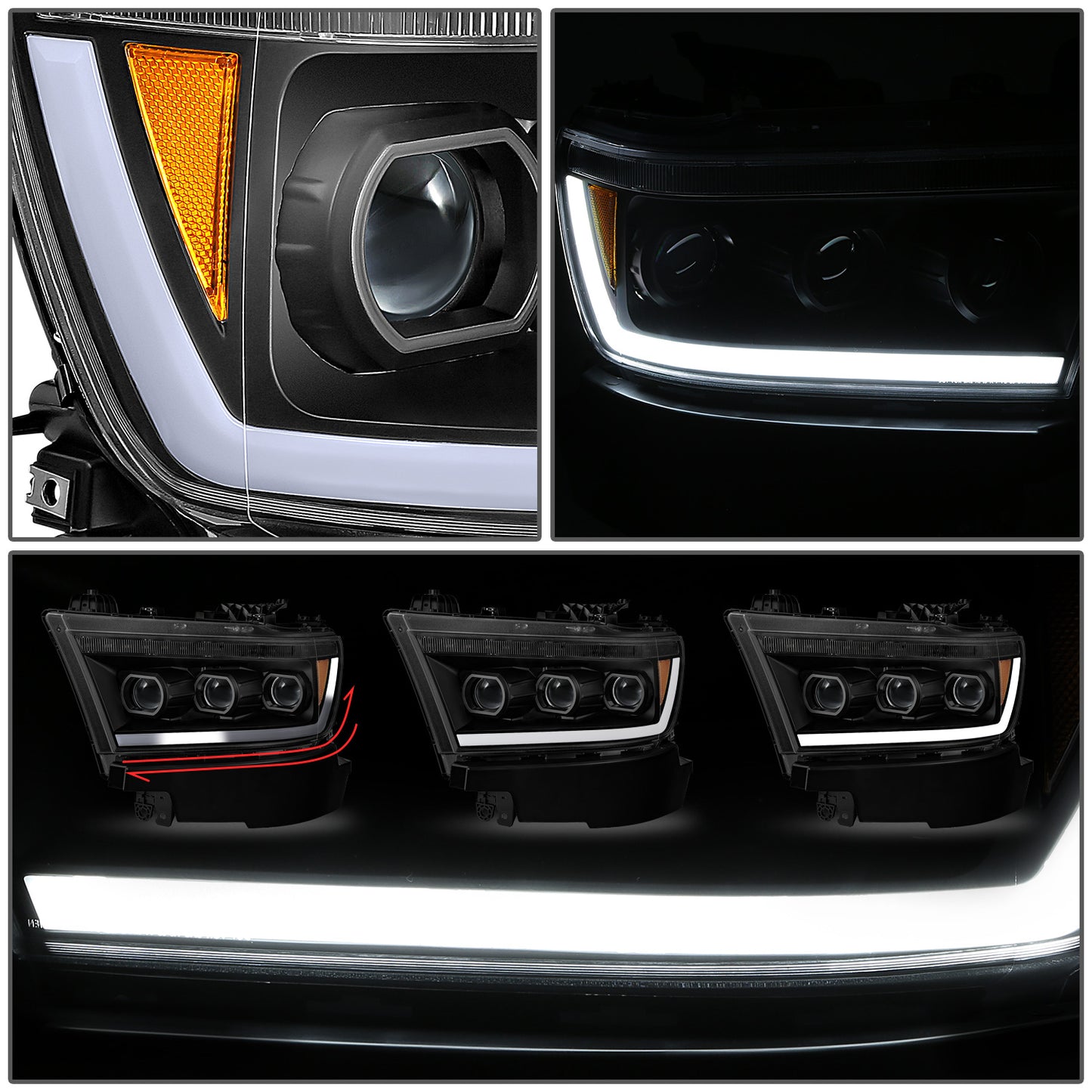 FAROS RAM 1500 2019-2024 - WITH FACTORY HALOGEN HEADLIGHTS - OE STYLE - 9005 HIGH / H11 LOW / 12961 MARKER - BLACK HOUSING / AMBER CORNER