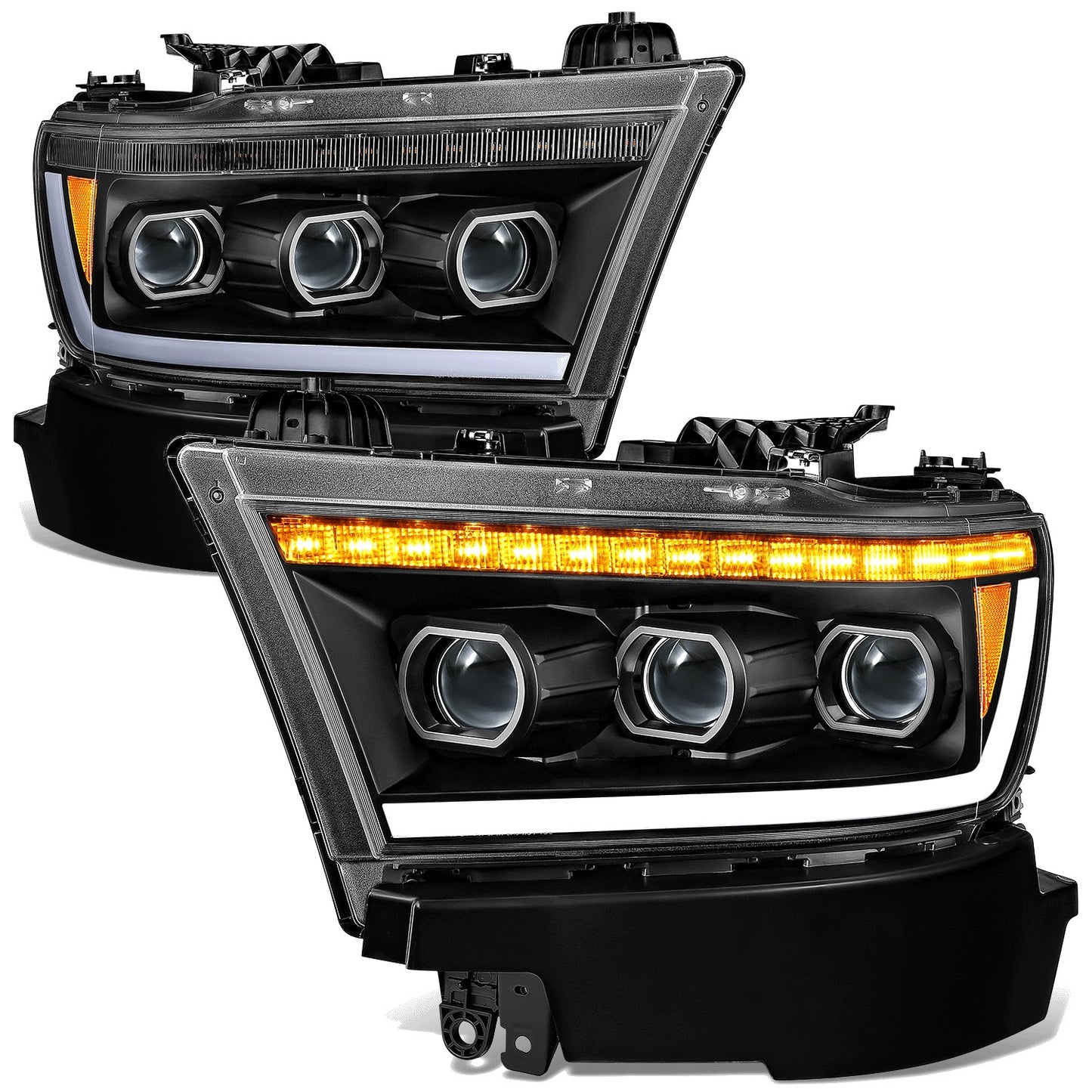 FAROS RAM 1500 2019-2024 - WITH FACTORY HALOGEN HEADLIGHTS - OE STYLE - 9005 HIGH / H11 LOW / 12961 MARKER - BLACK HOUSING / AMBER CORNER