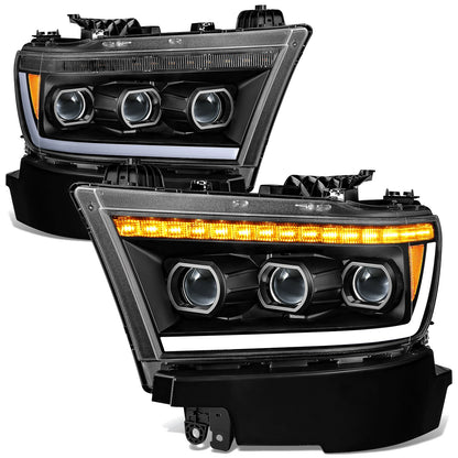 FAROS RAM 1500 2019-2024 - WITH FACTORY HALOGEN HEADLIGHTS - OE STYLE - 9005 HIGH / H11 LOW / 12961 MARKER - BLACK HOUSING / AMBER CORNER