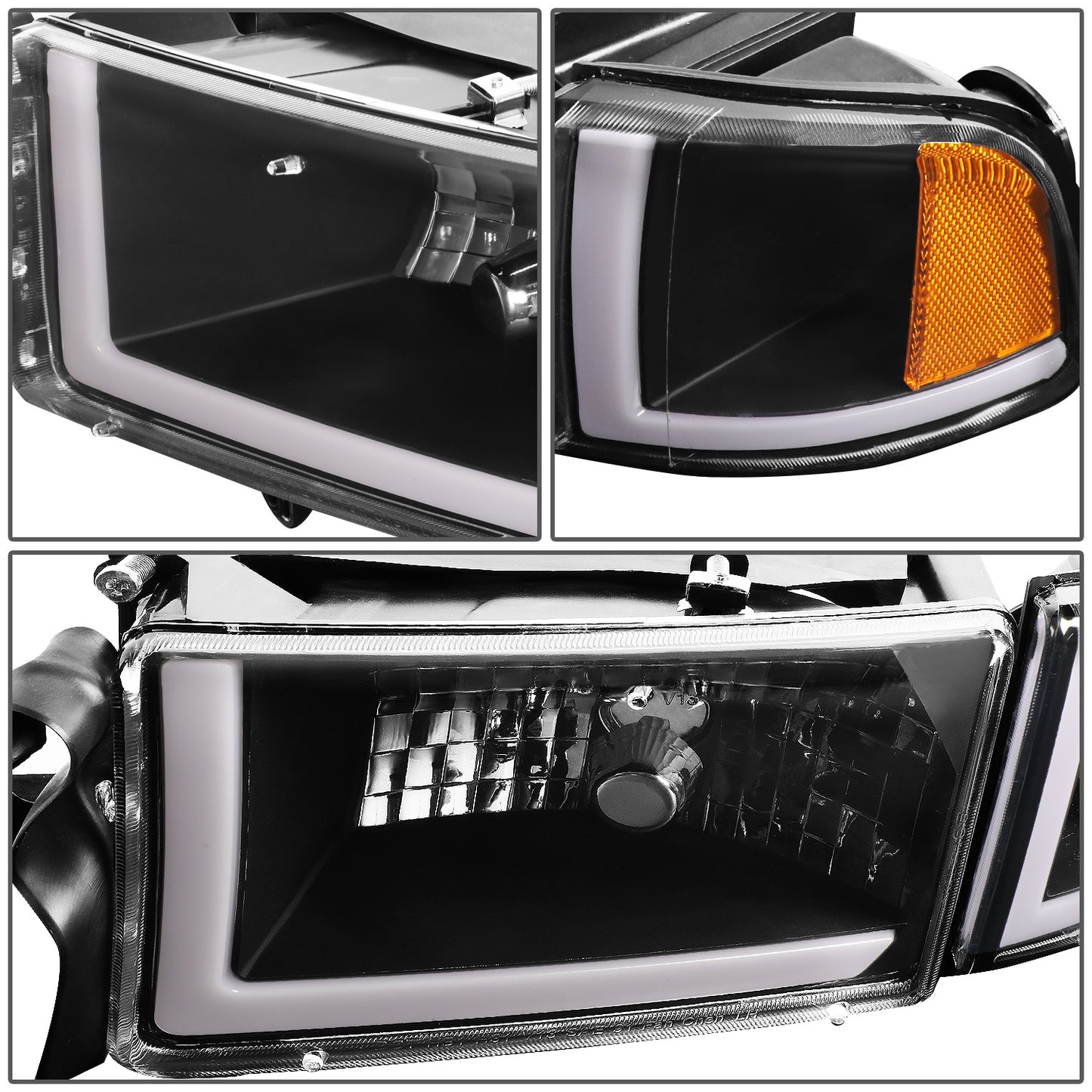 FAROS 94-01 DODGE RAM 1500 / 94-02 DODGE RAM 2500 3500 - DOES NOT FIT SPORT MODELS - LED DRL - BLACK HOUSING / AMBER CORNER - 9004 HIGH / LOW BEAM BULBS