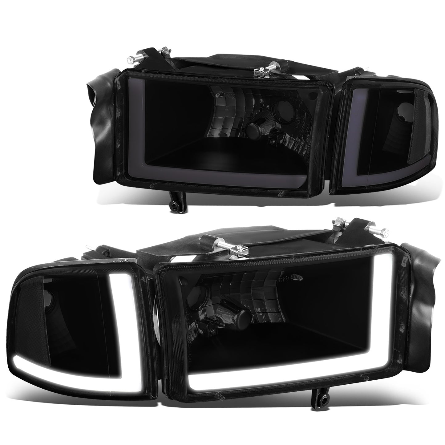 FAROS 94-01 DODGE RAM 1500 / 94-02 DODGE RAM 2500 3500 - DOES NOT FIT SPORT MODELS - LED DRL - BLACK HOUSING / SMOKE LENS / CLEAR CORNER - 9004 HIGH / LOW BEAM BULBS