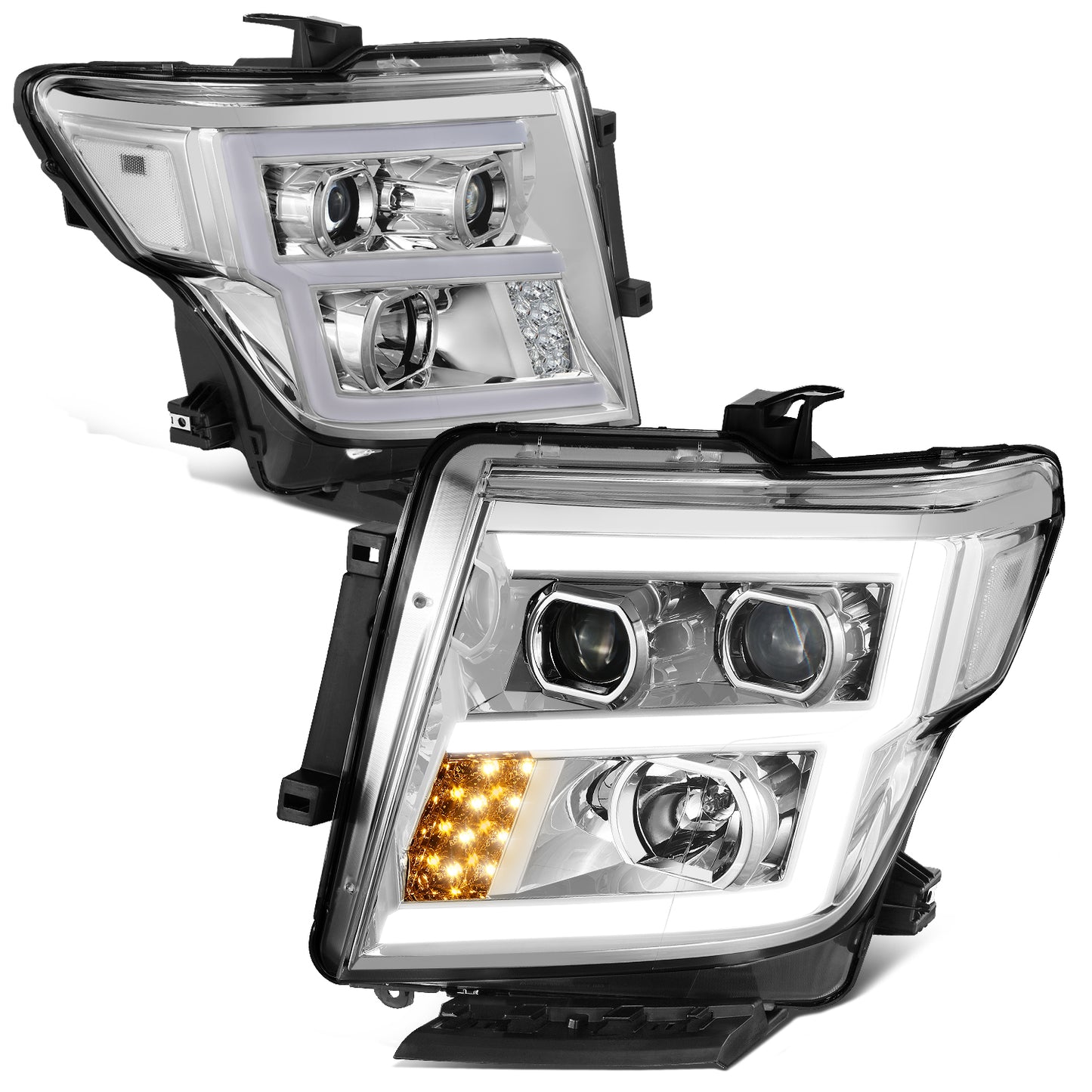 FAROS 17-22 NISSAN TITAN / 16-22 NISSAN TITAN XD - FITS MODELS WITH HALOGEN HEADLIGHTS ONLY - DOES NOT FIT FACTORY HID EQUIPPED MODELS - PROJECTOR CONVERSION E-PATTERN LED RUNNING LIGHT STRIP - H1 LOW BEAM / H1 HIGH BEAM / 2825 SIDE MARKER - CHROME