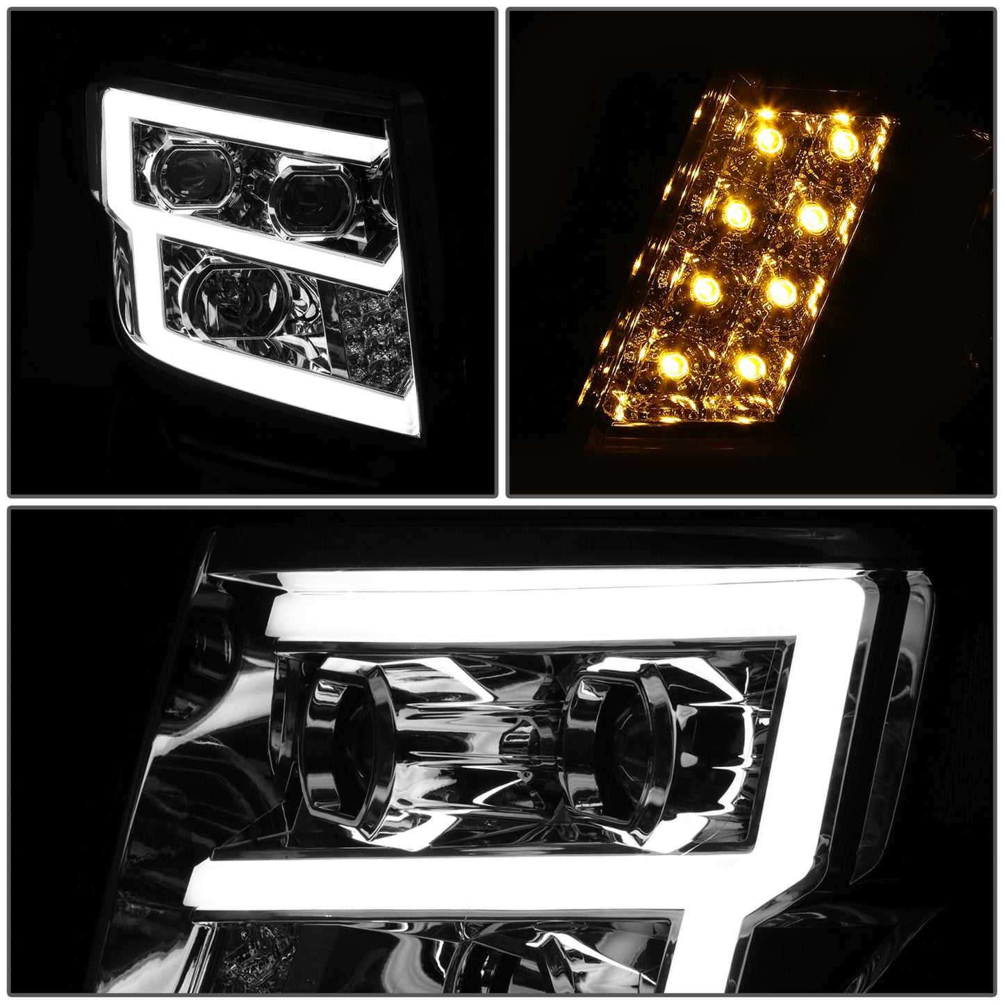 FAROS 17-22 NISSAN TITAN / 16-22 NISSAN TITAN XD - FITS MODELS WITH HALOGEN HEADLIGHTS ONLY - DOES NOT FIT FACTORY HID EQUIPPED MODELS - PROJECTOR CONVERSION E-PATTERN LED RUNNING LIGHT STRIP - H1 LOW BEAM / H1 HIGH BEAM / 2825 SIDE MARKER - CHROME