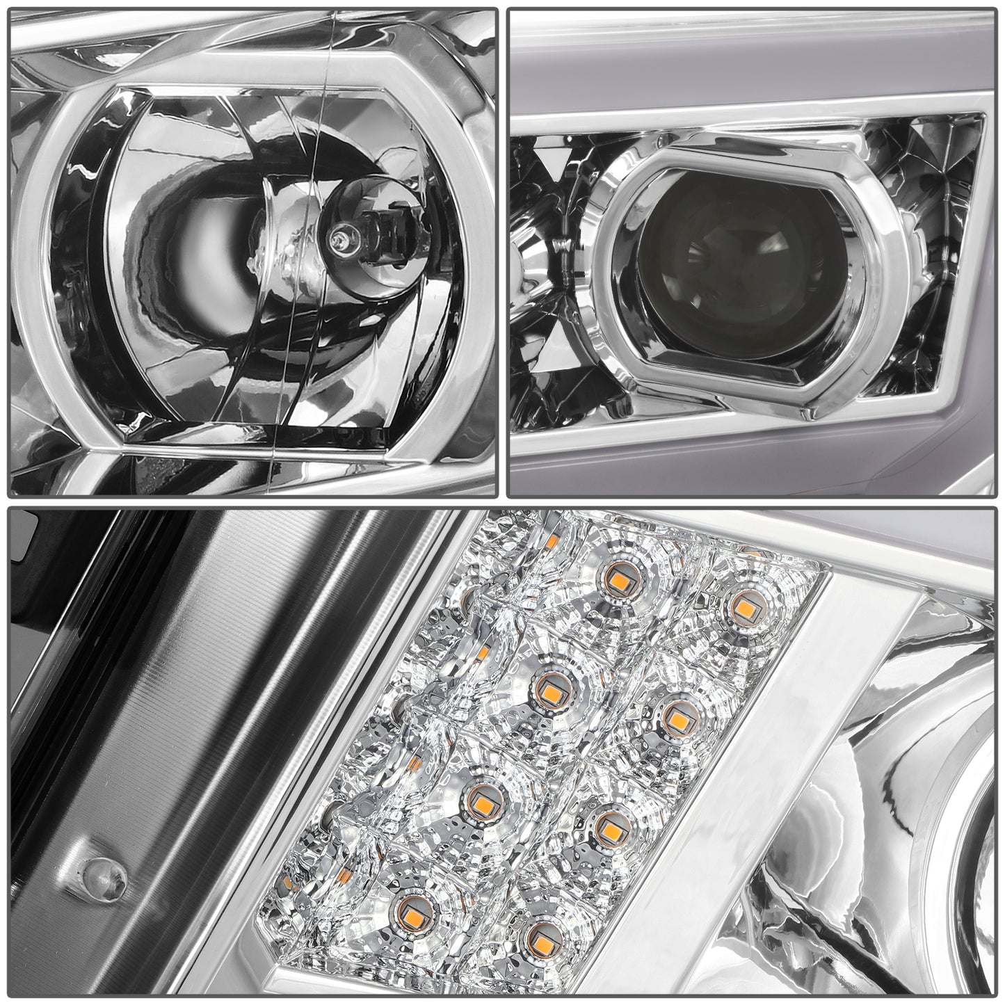 FAROS 17-22 NISSAN TITAN / 16-22 NISSAN TITAN XD - FITS MODELS WITH HALOGEN HEADLIGHTS ONLY - DOES NOT FIT FACTORY HID EQUIPPED MODELS - PROJECTOR CONVERSION E-PATTERN LED RUNNING LIGHT STRIP - H1 LOW BEAM / H1 HIGH BEAM / 2825 SIDE MARKER - CHROME