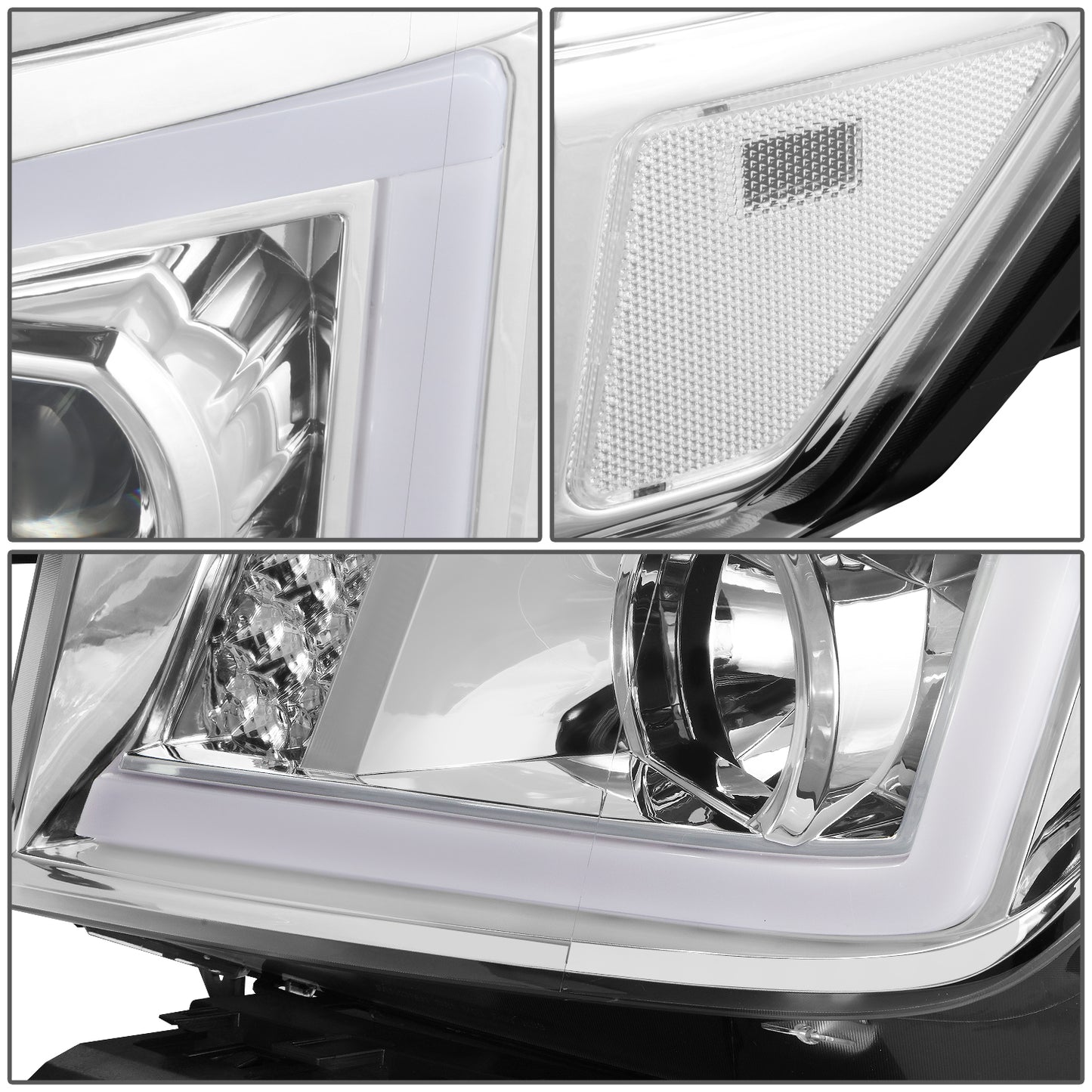 FAROS 17-22 NISSAN TITAN / 16-22 NISSAN TITAN XD - FITS MODELS WITH HALOGEN HEADLIGHTS ONLY - DOES NOT FIT FACTORY HID EQUIPPED MODELS - PROJECTOR CONVERSION E-PATTERN LED RUNNING LIGHT STRIP - H1 LOW BEAM / H1 HIGH BEAM / 2825 SIDE MARKER - CHROME