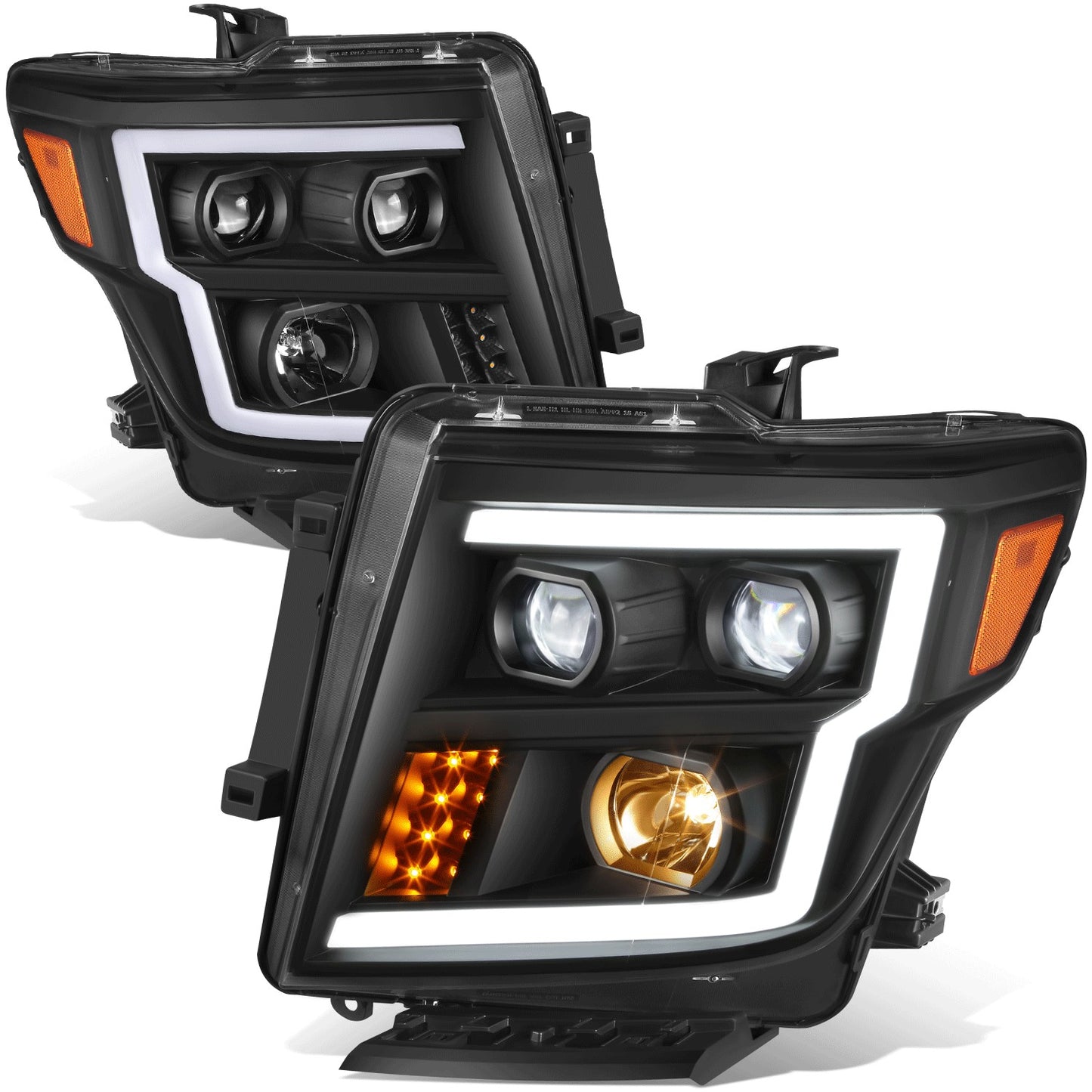 FAROS 17-22 NISSAN TITAN / 16-22 NISSAN TITAN XD - FITS MODELS WITH HALOGEN HEADLIGHTS ONLY - DOES NOT FIT FACTORY HID EQUIPPED MODELS - PROJECTOR CONVERSION LED RUNNING LIGHT STRIP - H1 LOW BEAM / H1 HIGH BEAM / 2825 SIDE MARKER - BLACK HOUSING / AMBER