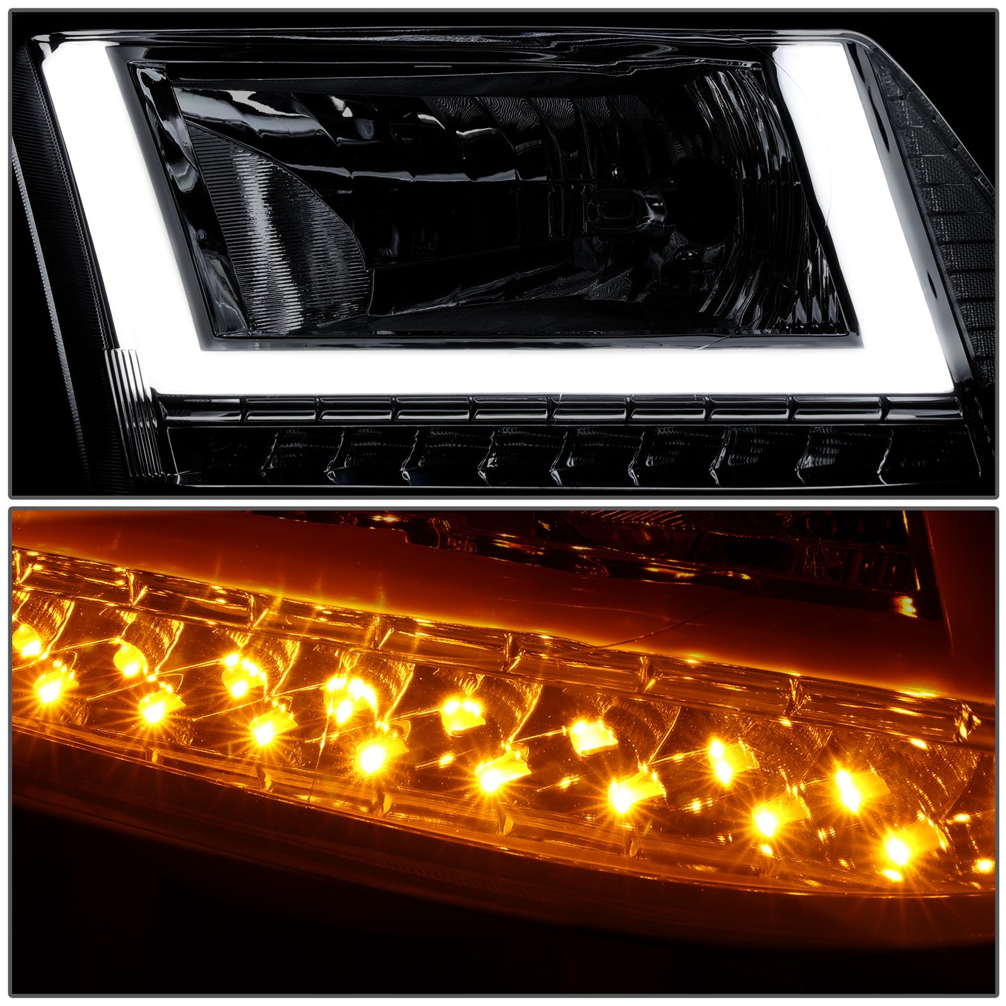 FAROS 09-10 DODGE RAM 1500 / 2010 DODGE RAM 2500 / 2010 DODGE RAM 3500 / 13-18 RAM 1500 / 19-24 RAM 1500 CLASSIC / 13-18 RAM 2500 / 13-18 RAM 3500 - FITS MODELS WITHOUT FACTORY PROJECTOR HEADLIGHT - H13 HIGH / LOW BEAM - U PATTERN 3D LIGHT BAR - SMOKED /