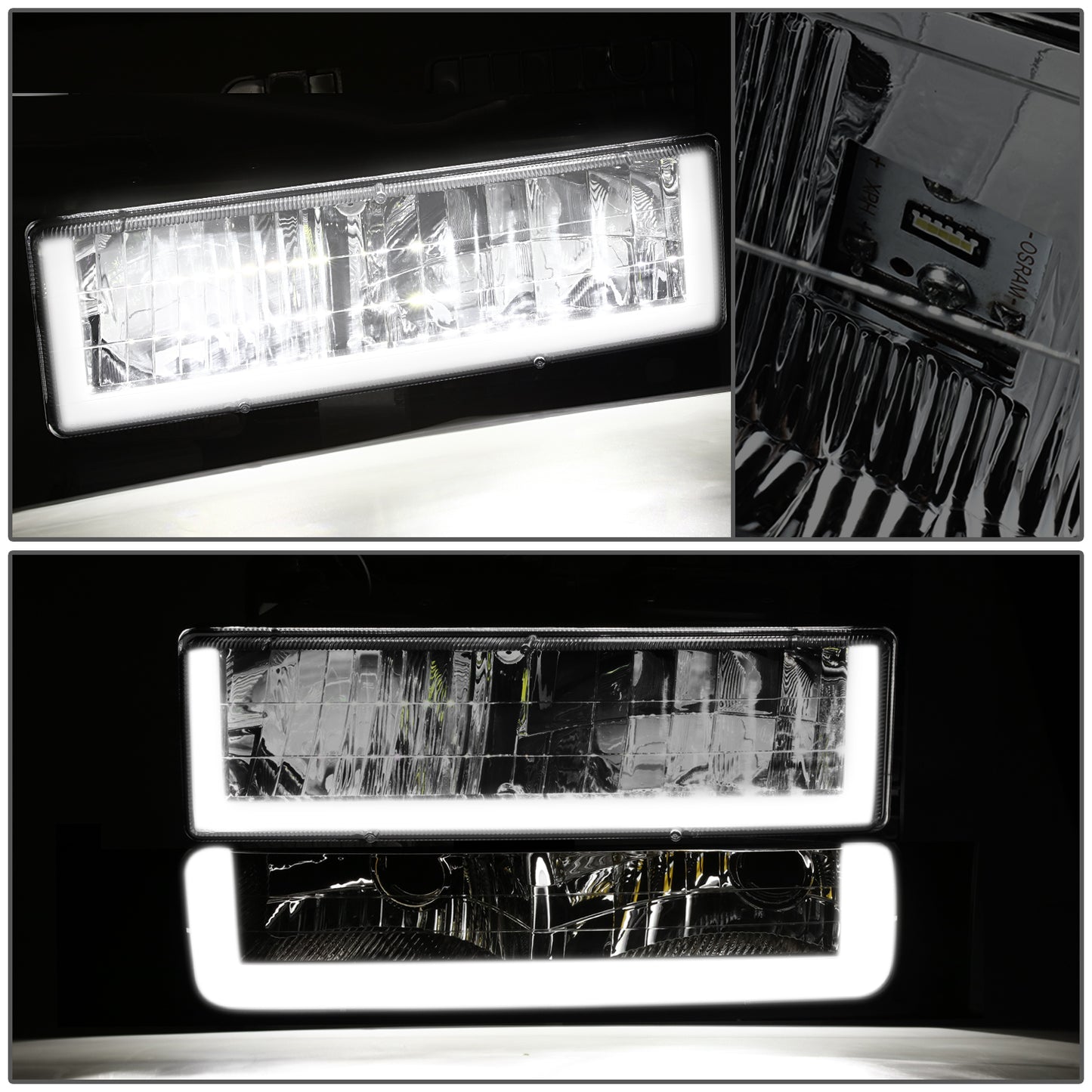 FAROS SMOKE LENS,AMBER REFLECTOR,CHROME HOUSING - 8PCS - LED BAR - 94-99 GMC C1500 K1500 YUKON / 94-99 GMC C1500 SUBURBAN C2500 SUBURBAN K1500 SUBURBAN K2500 SUBURBAN / 94-00 GMC C2500 C3500 K2500 K3500 - FITS MODELS WITH COMPOSITE HEADLIGHTS ONLY