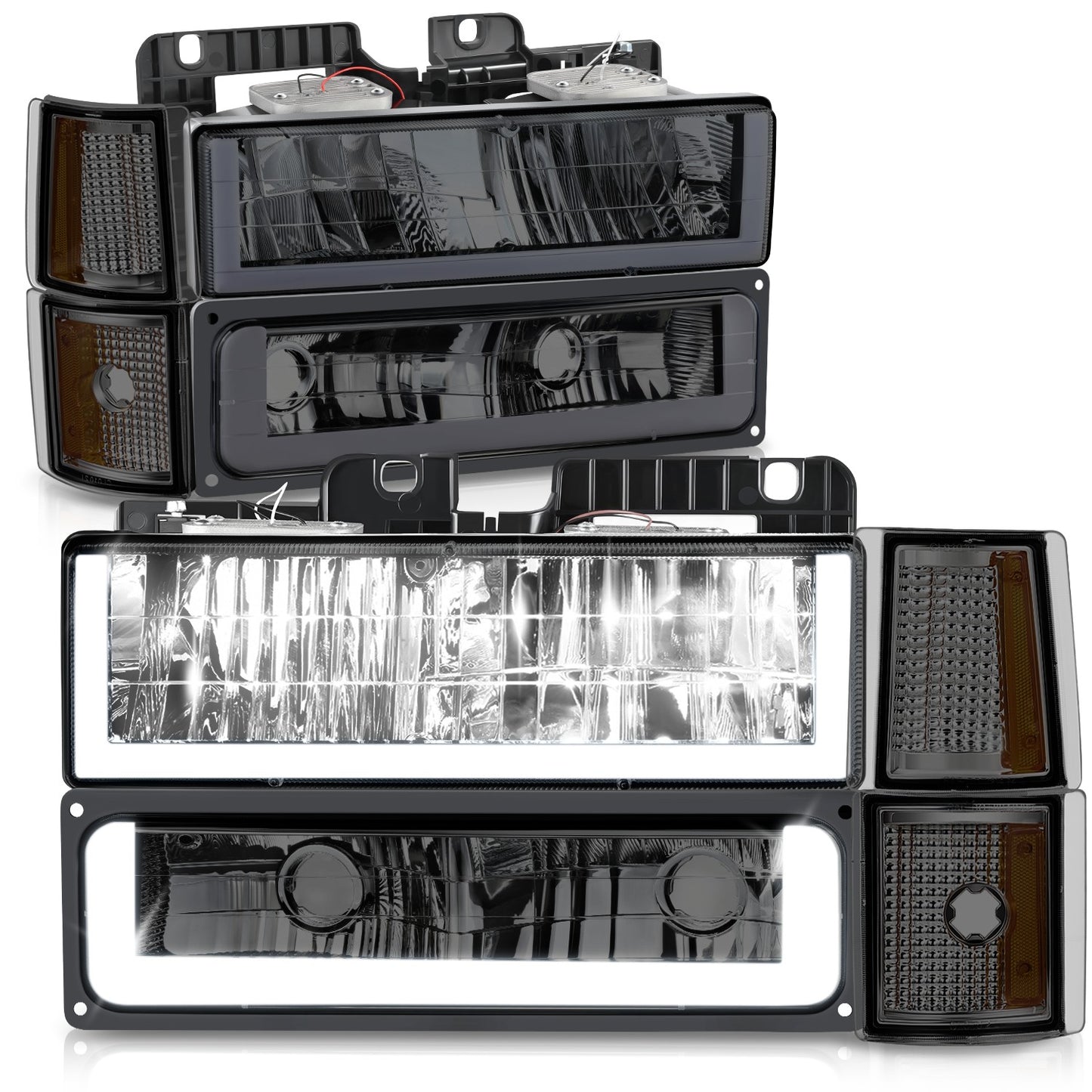 FAROS SMOKE LENS,AMBER REFLECTOR,CHROME HOUSING - 8PCS - LED BAR - 94-99 GMC C1500 K1500 YUKON / 94-99 GMC C1500 SUBURBAN C2500 SUBURBAN K1500 SUBURBAN K2500 SUBURBAN / 94-00 GMC C2500 C3500 K2500 K3500 - FITS MODELS WITH COMPOSITE HEADLIGHTS ONLY