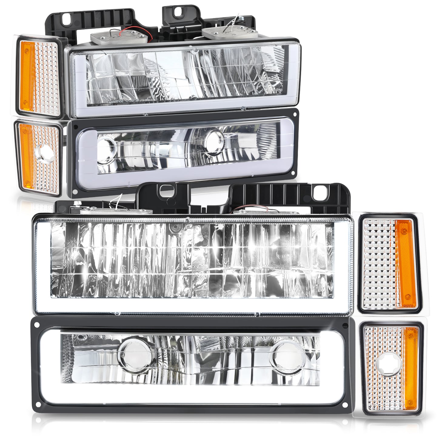 FAROS CLEAR LENS,AMBER REFLECTOR,CHROME HOUSING - 8PCS - LED BAR - 92-93 CHEVROLET BLAZER / 88-93 CHEVROLET C1500 / 92-93 CHEVROLET C1500 SUBURBAN / 88-93 CHEVROLET C2500 / 92-93 CHEVROLET C2500 SUBURBAN / 88-93 CHEVROLET C3500 / 88-93 CHEVROLET K1500 /