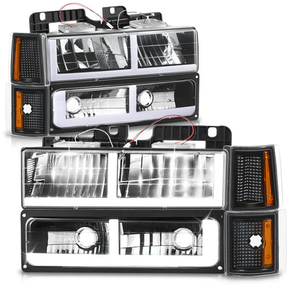FAROS CLEAR LENS,AMBER REFLECTOR,BLACK HOUSING - 8PCS - LED BAR - 94-99 GMC C1500 K1500 YUKON / 94-99 GMC C1500 SUBURBAN C2500 SUBURBAN K1500 SUBURBAN K2500 SUBURBAN / 94-00 GMC C2500 C3500 K2500 K3500 - FITS MODELS WITH COMPOSITE HEADLIGHTS ONLY