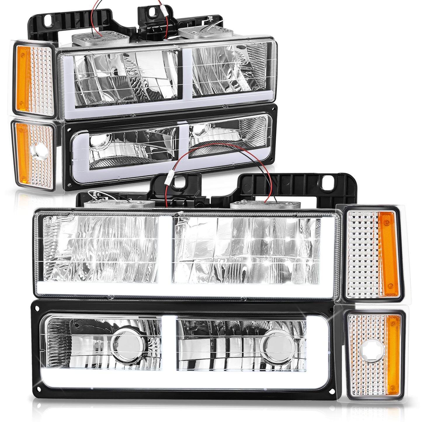 FAROS CLEAR LENS,AMBER REFLECTOR,CHROME HOUSING - 8PCS - LED BAR - 92-93 CHEVROLET BLAZER / 88-93 CHEVROLET C1500 / 92-93 CHEVROLET C1500 SUBURBAN / 88-93 CHEVROLET C2500 / 92-93 CHEVROLET C2500 SUBURBAN / 88-93 CHEVROLET C3500 / 88-93 CHEVROLET K1500 /