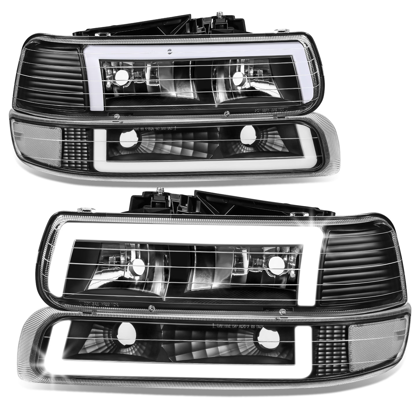 FAROS 99-02 CHEVY SILVERADO 1500, 2500 / 01-02 SILVERADO 1500HD, 2500HD, 3500 / 00-06 CHEVY SUBURBAN 1500, 2500, CHEVY TAHOE - REQUIRES WIRING TO EXISTING VEHICLE WIRING HARNESS - LED DRL - DUAL C-BAR - 4PC - BLACK HOUSING / CLEAR CORNER