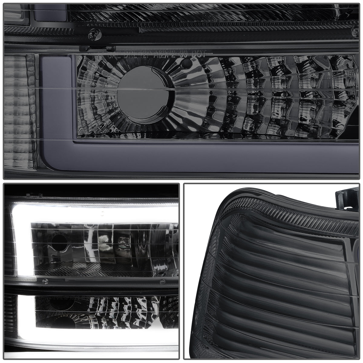 FAROS 99-02 CHEVY SILVERADO 1500, 2500 / 01-02 SILVERADO 1500HD, 2500HD, 3500 / 00-06 CHEVY SUBURBAN 1500, 2500, CHEVY TAHOE - REQUIRES WIRING TO EXISTING VEHICLE WIRING HARNESS - LED DRL - DUAL C-BAR - 4PC - SMOKE HOUSING / CLEAR CORNER