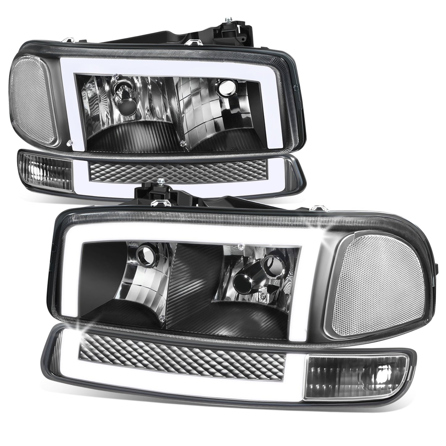 FAROS 99-06 GMC SIERRA 1500, GMC YUKON / 00-06 YUKON XL 1500, 2500 / 01-06 SIERRA 2500HD, 3500 / 2007 SIERRA 1500 CLASSIC, 2500HD CLASSIC, 3500 CLASSIC - EXCLUDES C3, DENALI MODELS - LED DRL - SWITCHBACK TURN SIGNAL - 4PC - BLACK HOUSING / CLEAR CORNER