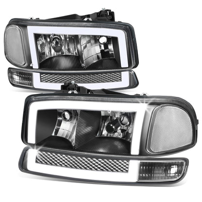 FAROS 99-06 GMC SIERRA 1500, GMC YUKON / 00-06 YUKON XL 1500, 2500 / 01-06 SIERRA 2500HD, 3500 / 2007 SIERRA 1500 CLASSIC, 2500HD CLASSIC, 3500 CLASSIC - EXCLUDES C3, DENALI MODELS - LED DRL - SWITCHBACK TURN SIGNAL - 4PC - BLACK HOUSING / CLEAR CORNER