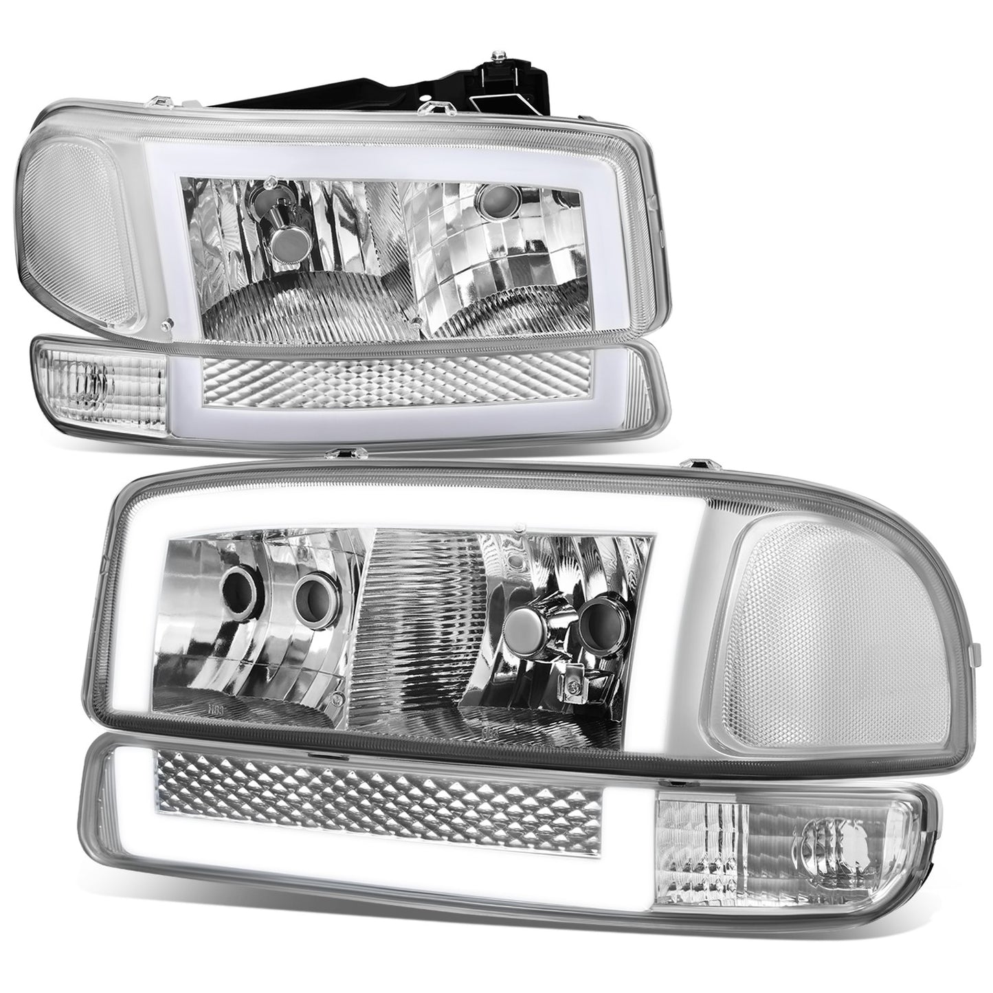 FAROS 99-06 GMC SIERRA 1500, GMC YUKON / 00-06 YUKON XL 1500, 2500 / 01-06 SIERRA 2500HD, 3500 / 2007 SIERRA 1500 CLASSIC, 2500HD CLASSIC, 3500 CLASSIC - EXCLUDES C3, DENALI MODELS - LED DRL - SWITCHBACK TURN SIGNAL - 4PC - CHROME HOUSING / CLEAR CORNER