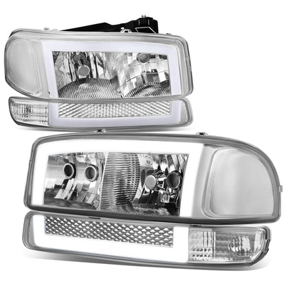 FAROS 99-06 GMC SIERRA 1500, GMC YUKON / 00-06 YUKON XL 1500, 2500 / 01-06 SIERRA 2500HD, 3500 / 2007 SIERRA 1500 CLASSIC, 2500HD CLASSIC, 3500 CLASSIC - EXCLUDES C3, DENALI MODELS - LED DRL - SWITCHBACK TURN SIGNAL - 4PC - CHROME HOUSING / CLEAR CORNER