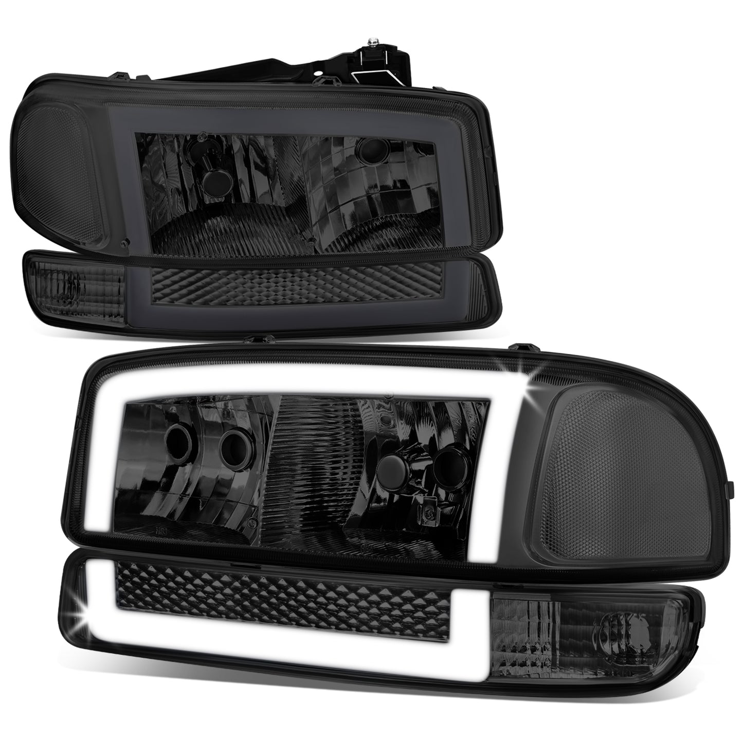 FAROS 99-06 GMC SIERRA 1500, GMC YUKON / 00-06 YUKON XL 1500, 2500 / 01-06 SIERRA 2500HD, 3500 / 2007 SIERRA 1500 CLASSIC, 2500HD CLASSIC, 3500 CLASSIC - EXCLUDES C3, DENALI MODELS - LED DRL - SWITCHBACK TURN SIGNAL - 4PC - SMOKE HOUSING / CLEAR CORNER