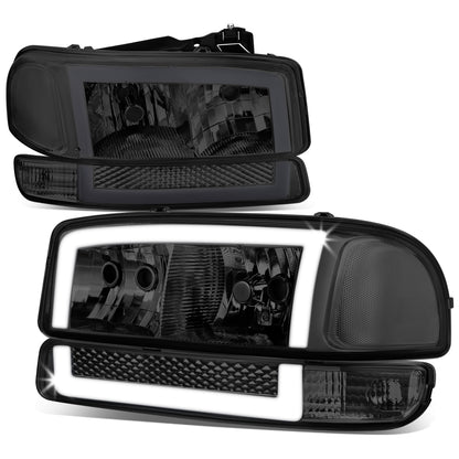 FAROS 99-06 GMC SIERRA 1500, GMC YUKON / 00-06 YUKON XL 1500, 2500 / 01-06 SIERRA 2500HD, 3500 / 2007 SIERRA 1500 CLASSIC, 2500HD CLASSIC, 3500 CLASSIC - EXCLUDES C3, DENALI MODELS - LED DRL - SWITCHBACK TURN SIGNAL - 4PC - SMOKE HOUSING / CLEAR CORNER