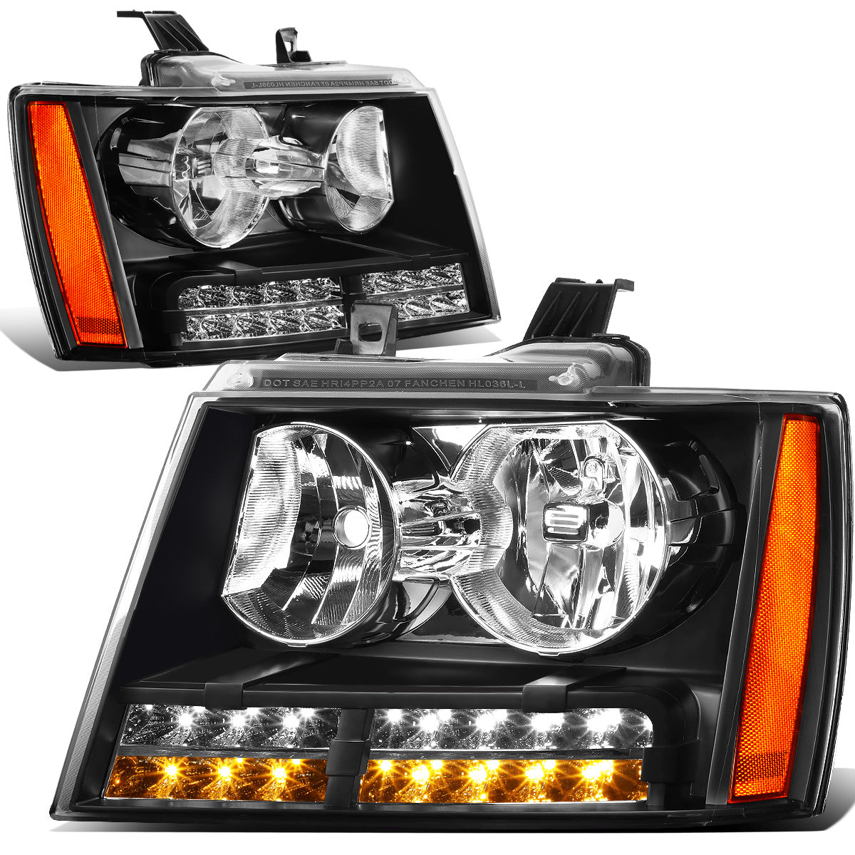 FAROS 07-13 CHEVY AVALANCHE / 07-14 CHEVY TAHOE / 07-14 CHEVY SUBURBAN 1500 / 07-13 CHEVY SUBURBAN 2500 - LED DRL - BLACK HOUSING / AMBER CORNER - H1 LOW BEAM / H1 HIGH BEAM