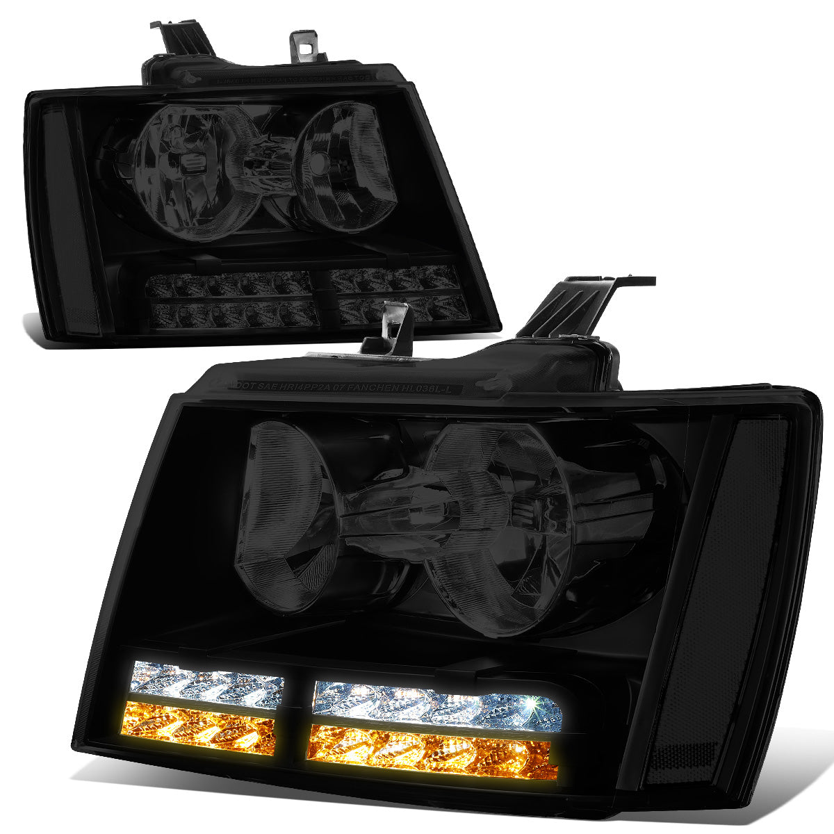 FAROS 07-13 CHEVY AVALANCHE / 07-14 CHEVY TAHOE / 07-14 CHEVY SUBURBAN 1500 / 07-13 CHEVY SUBURBAN 2500 - LED DRL - BLACK HOUSING / SMOKE LENS / CLEAR CORNER - H1 LOW BEAM / H1 HIGH BEAM