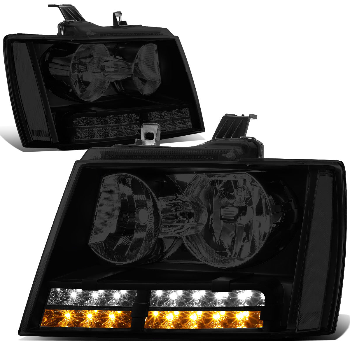 FAROS 07-13 CHEVY AVALANCHE / 07-14 CHEVY TAHOE / 07-14 CHEVY SUBURBAN 1500 / 07-13 CHEVY SUBURBAN 2500 - LED DRL - BLACK HOUSING / SMOKE LENS / CLEAR CORNER - H1 LOW BEAM / H1 HIGH BEAM