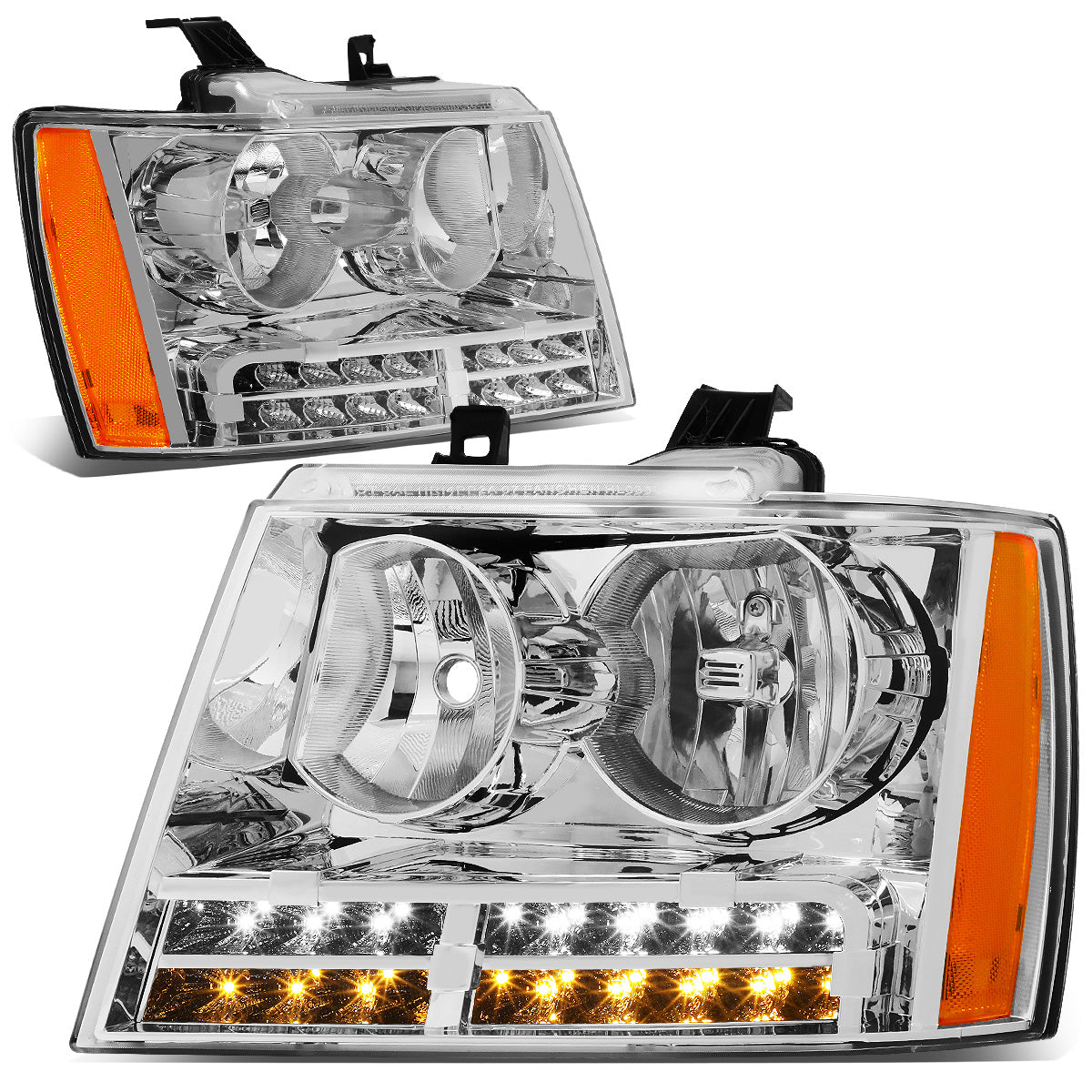 FAROS 07-13 CHEVY AVALANCHE / 07-14 CHEVY TAHOE / 07-14 CHEVY SUBURBAN 1500 / 07-13 CHEVY SUBURBAN 2500 - LED DRL - CHROME HOUSING / AMBER CORNER - H1 LOW BEAM / H1 HIGH BEAM
