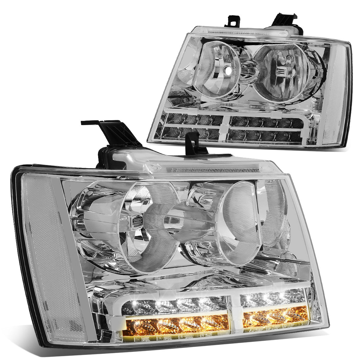 FAROS 07-13 CHEVY AVALANCHE / 07-14 CHEVY TAHOE / 07-14 CHEVY SUBURBAN 1500 / 07-13 CHEVY SUBURBAN 2500 - LED DRL - CHROME HOUSING / CLEAR CORNER - H1 LOW BEAM / H1 HIGH BEAM