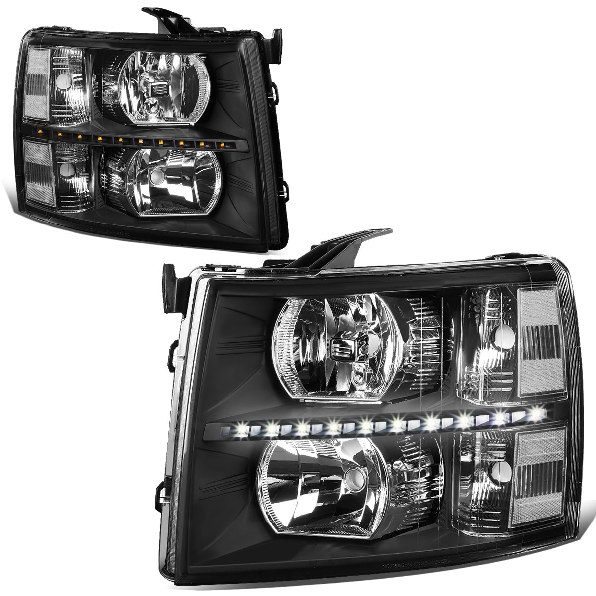 FAROS 07-13 CHEVY SILVERADO 1500 / 07-14 CHEVY SILVERADO 2500 / 3500 & HD MODELS - LED - REFLECTOR - BLACK HOUSING / CLEAR CORNER - H11 LOW BEAM / 9005 HIGH BEAM