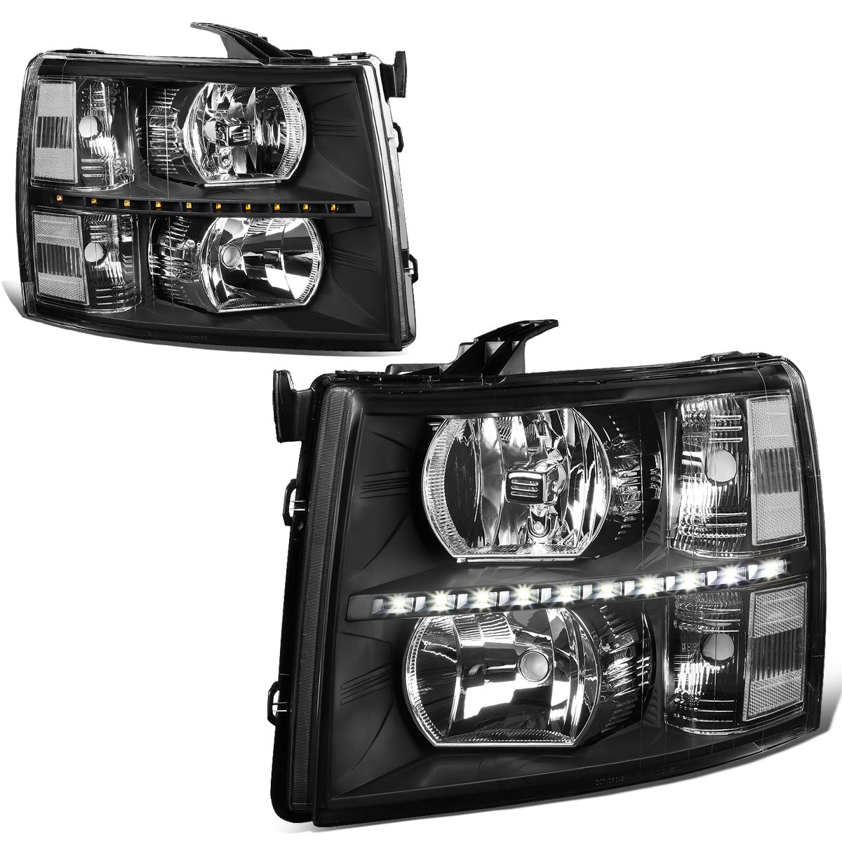 FAROS 07-13 CHEVY SILVERADO 1500 / 07-14 CHEVY SILVERADO 2500 / 3500 & HD MODELS - LED - REFLECTOR - BLACK HOUSING / CLEAR CORNER - H11 LOW BEAM / 9005 HIGH BEAM
