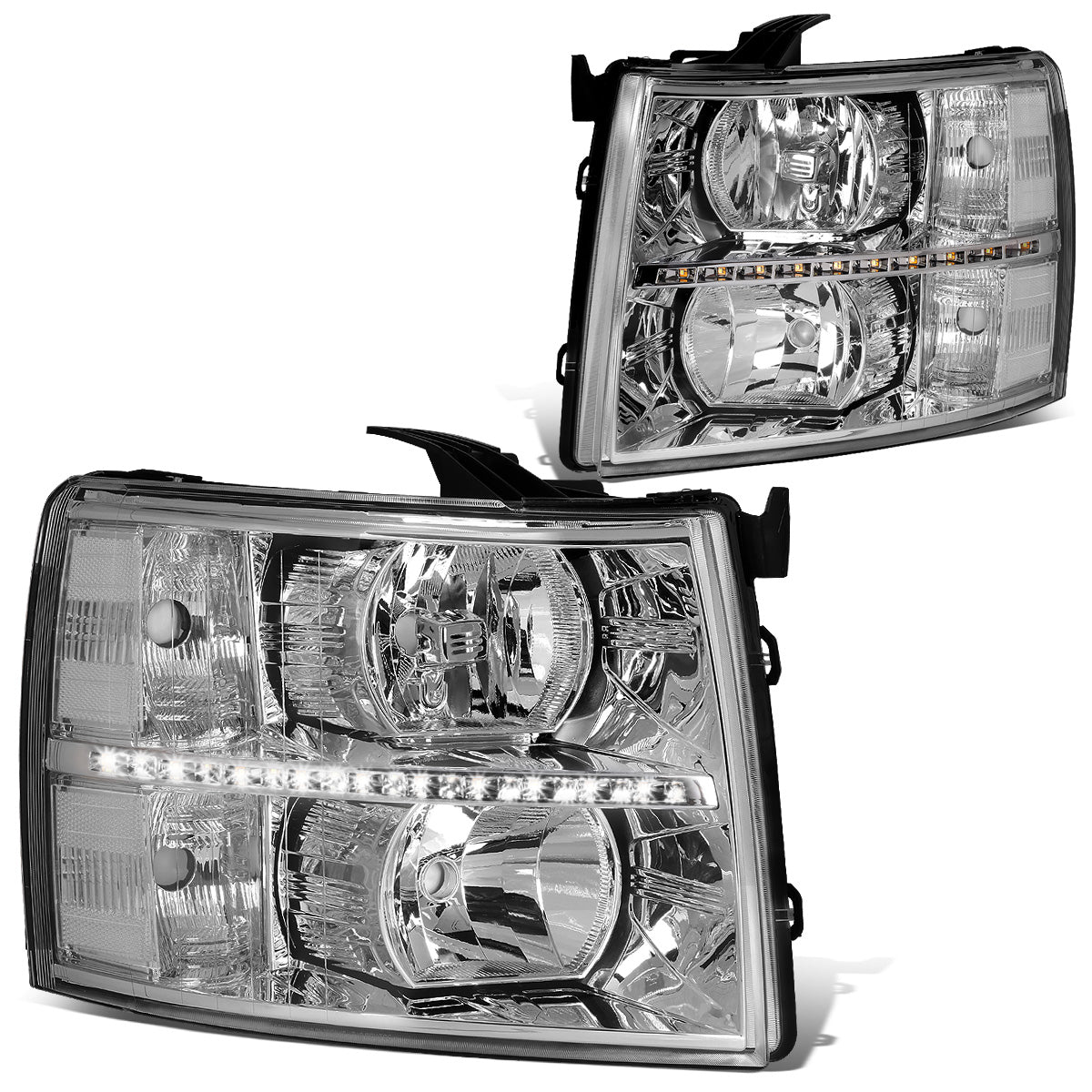 FAROS 07-13 CHEVY SILVERADO 1500 / 07-14 CHEVY SILVERADO 2500 / 3500 & HD MODELS - LED - REFLECTOR - CHROME HOUSING / CLEAR CORNER - H11 LOW BEAM / 9005 HIGH BEAM