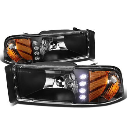 FAROS 94-02 DODGE RAM 2500, 3500 / 2001 RAM 1500 2/4-DOOR - 1PC - LED - BLACK HOUSING / AMBER CORNER - 9004 LOW BEAM / HIGH BEAM